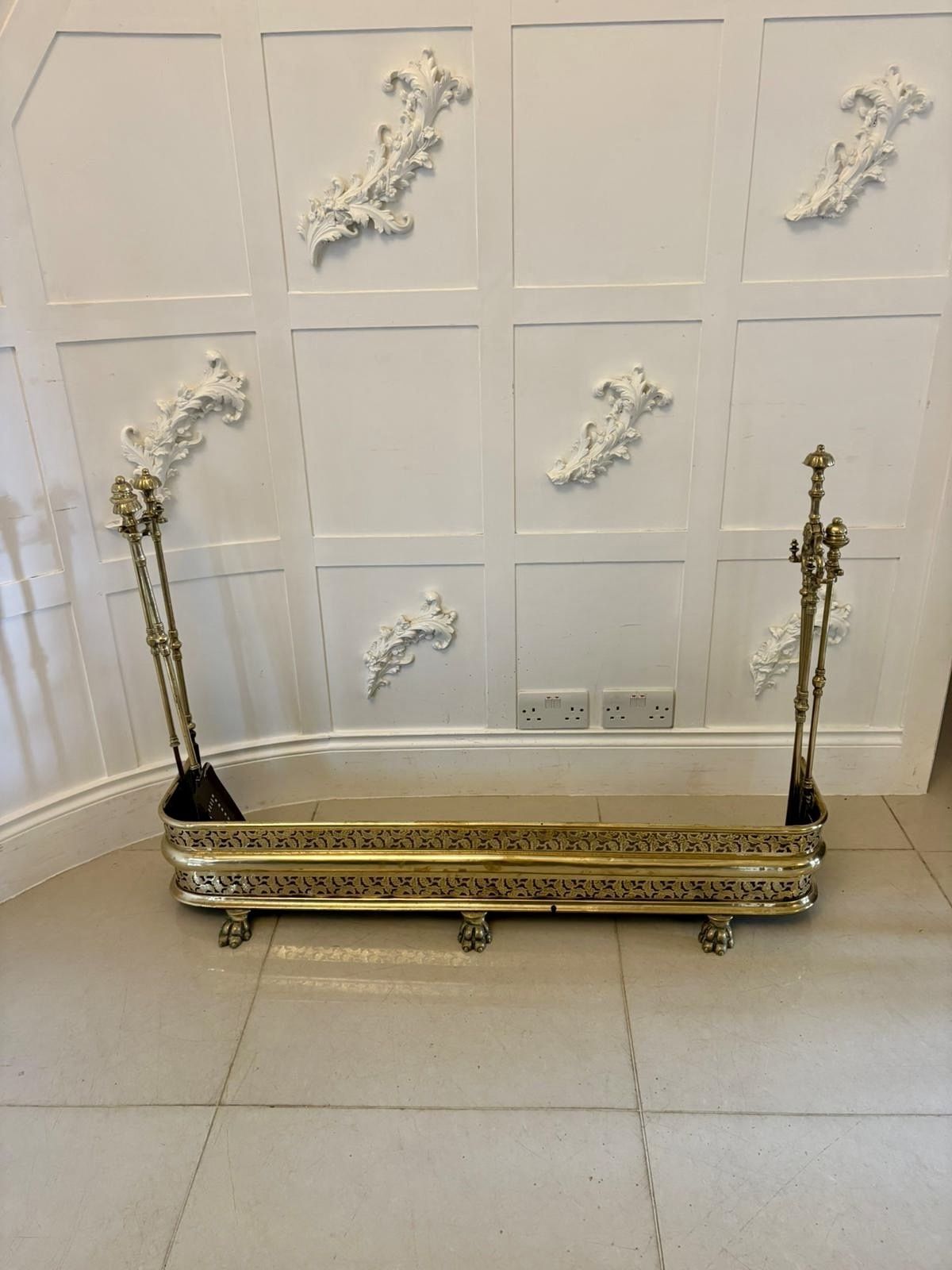 Unusual And Rare Quality Antique Regency Brass Fender With Original Fire Irons