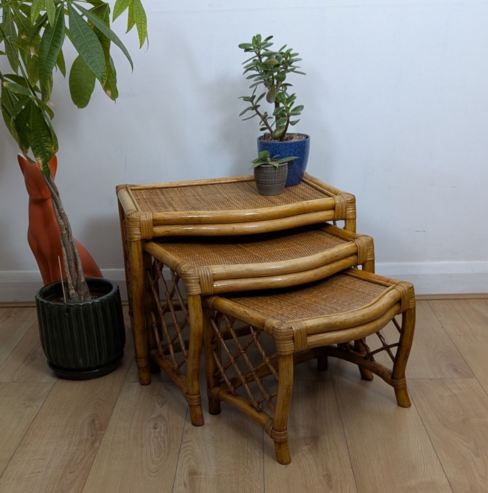 Mid Century Bamboo & Rattan Nest Of Tables | Scalloped Arch | Boho Tiki Vintage