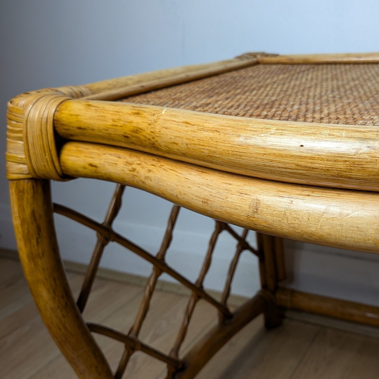 145.0 Mid Century Bamboo & Rattan Nest Of Tables | Scalloped Arch | Boho Tiki Vintage photo