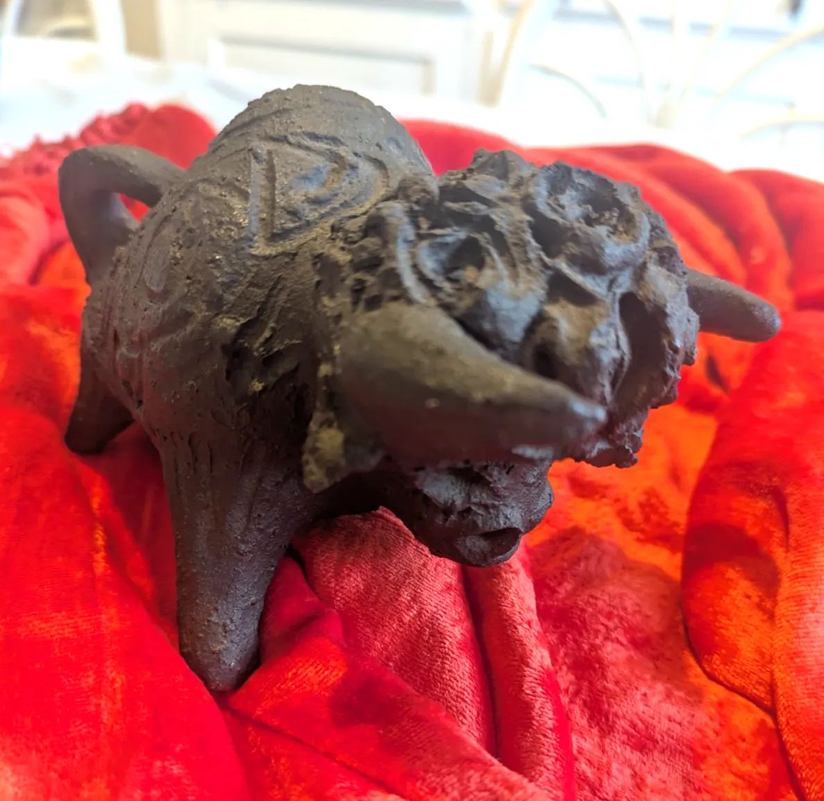 Vintage Mid Century Gothic Hand Made Bull Sculpture Matt Black Clay photo vinterior