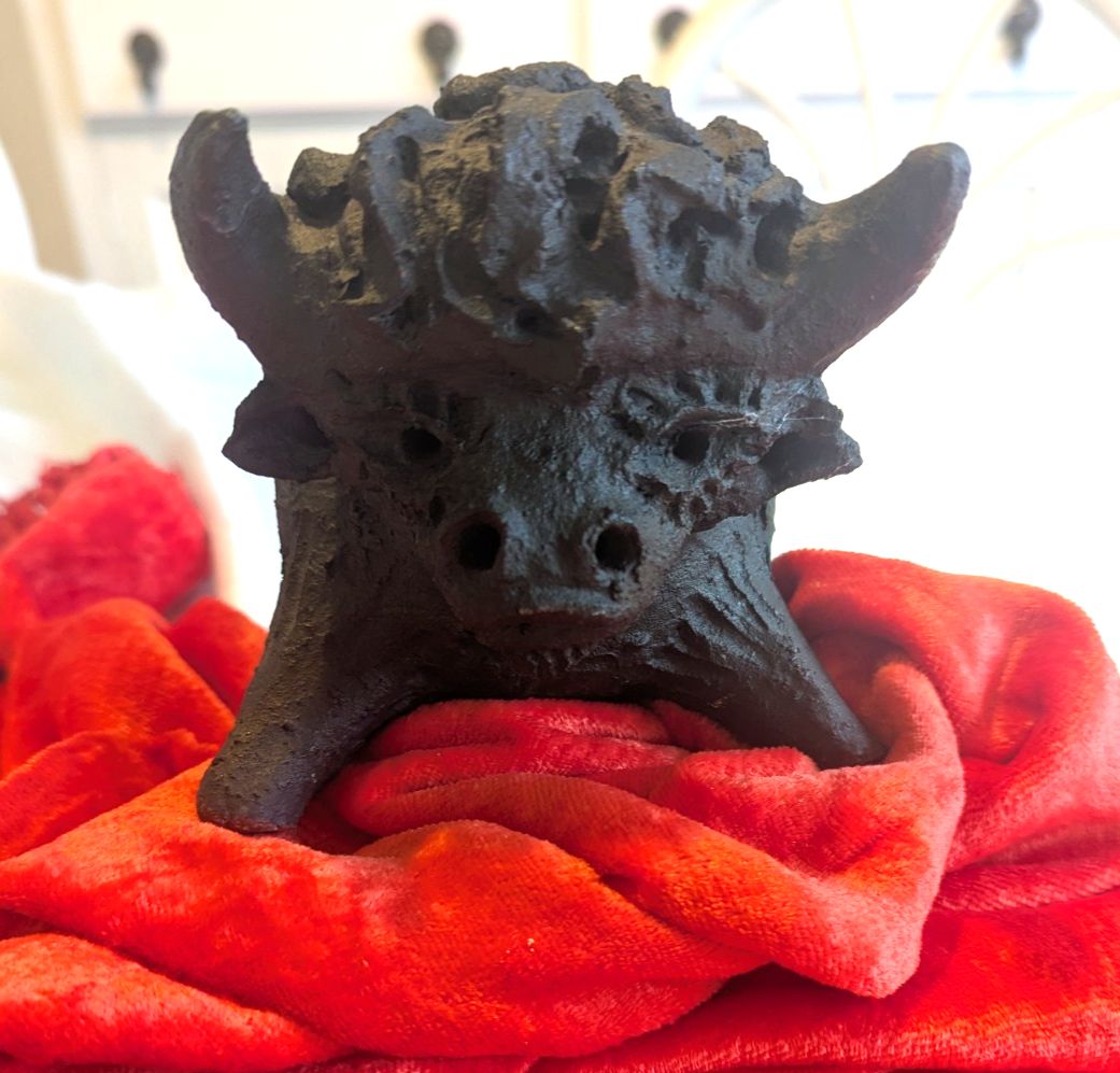Vintage Mid Century Gothic Hand Made Bull Sculpture Matt Black Clay photo vintage
