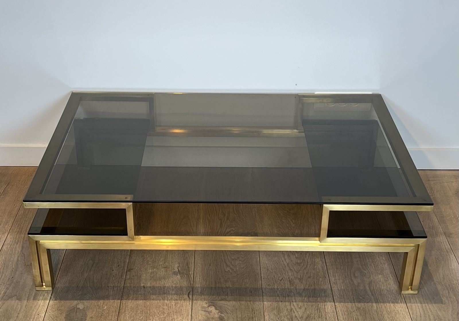 Modernist Coffee Table In Brass And Smoked Glass Tops By Guy Lefèvre For Maison Jansen photo for sale