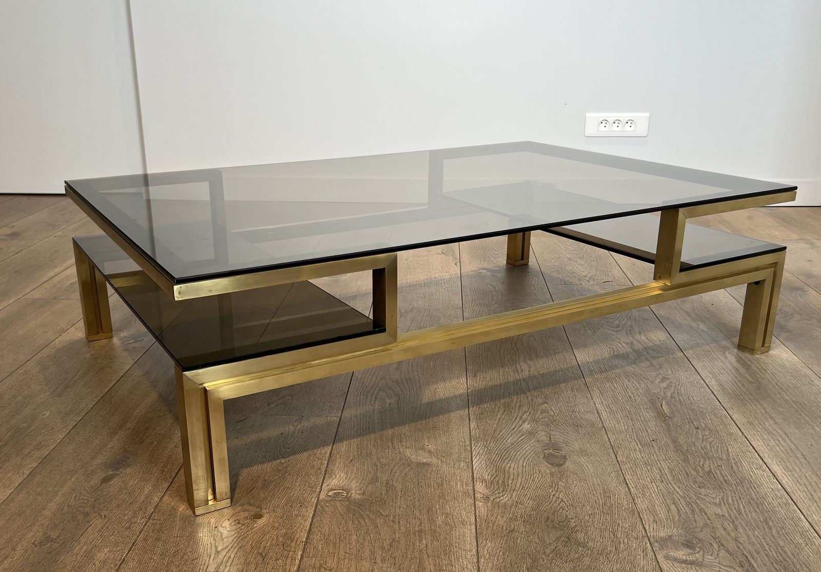 Furniture Modernist Coffee Table In Brass And Smoked Glass Tops By Guy Lefèvre For Maison Jansen photo