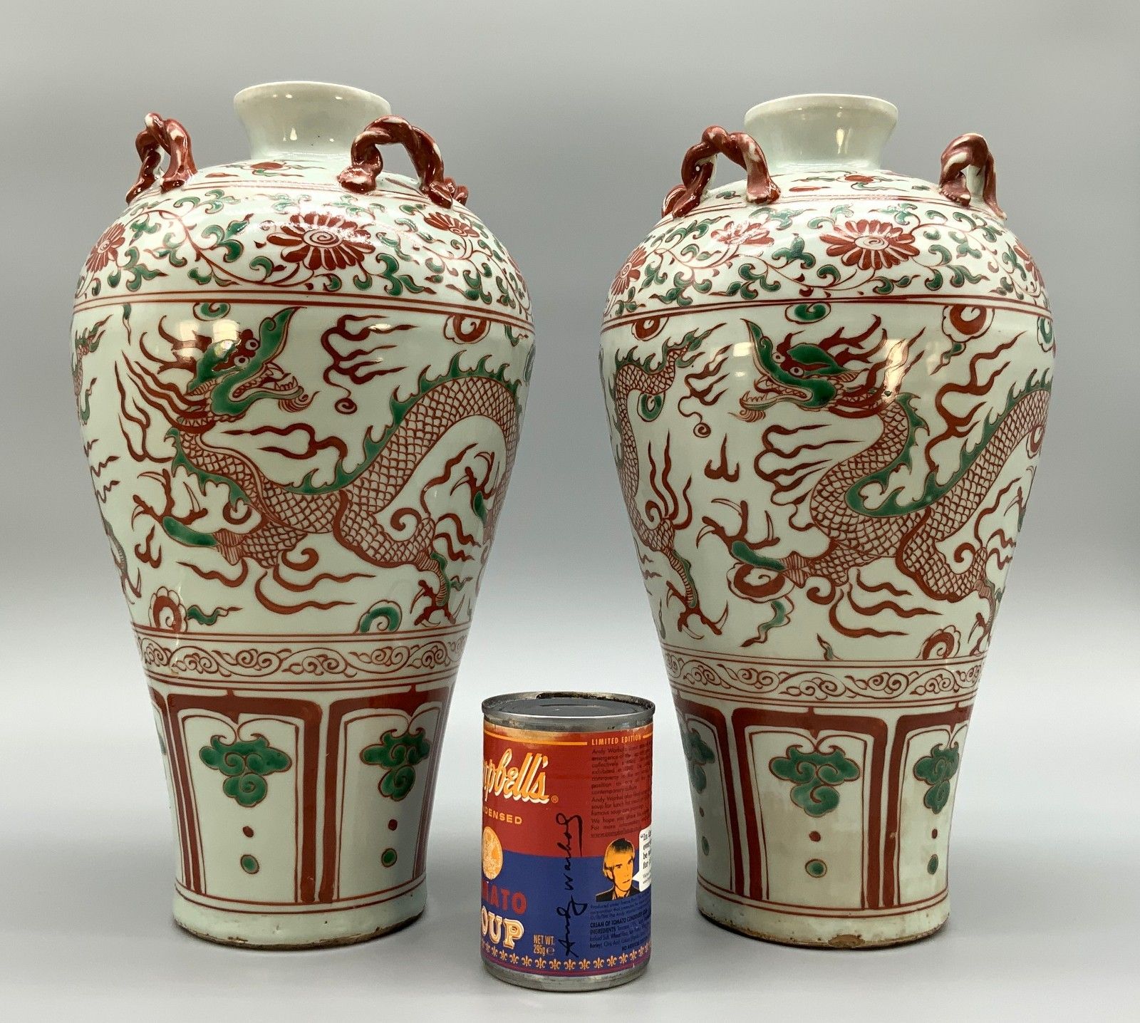 Pair Chinese Dragon Vases Large Porcelain Meiping Ming Iron Red & Enamelled photo for sale