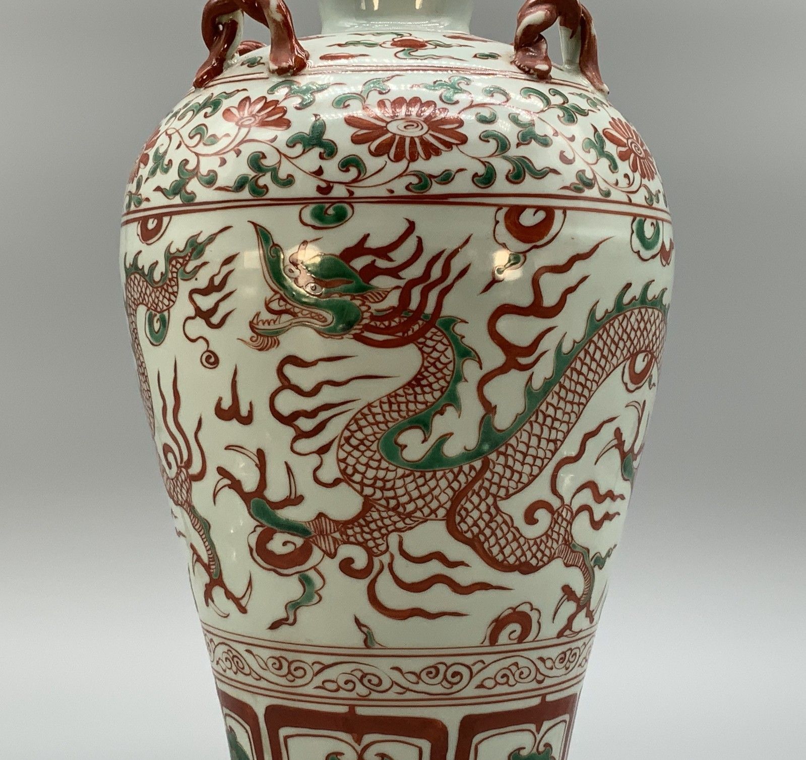 Pair Chinese Dragon Vases Large Porcelain Meiping Ming Iron Red & Enamelled photo vintage