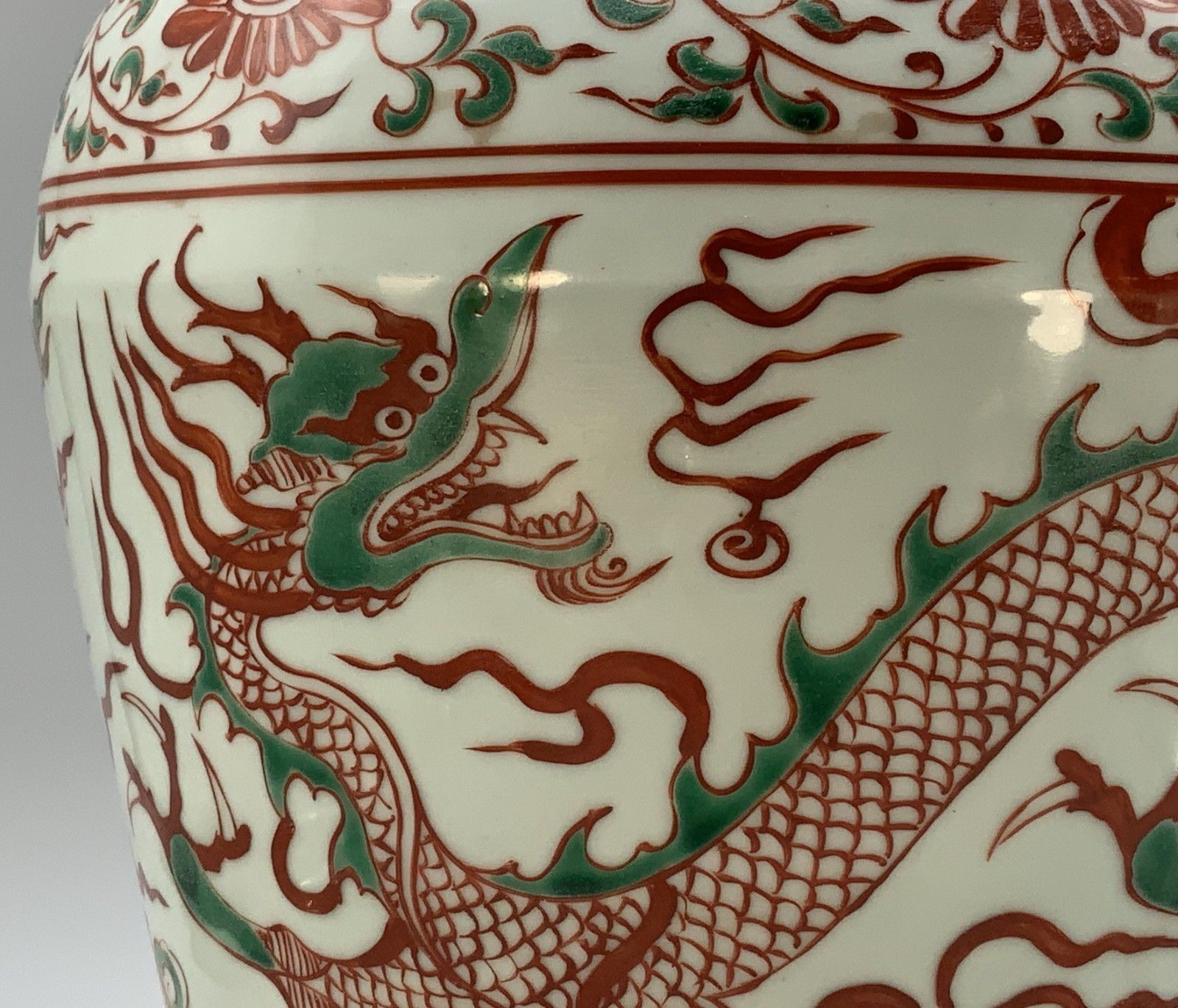 750.0 Pair Chinese Dragon Vases Large Porcelain Meiping Ming Iron Red & Enamelled photo