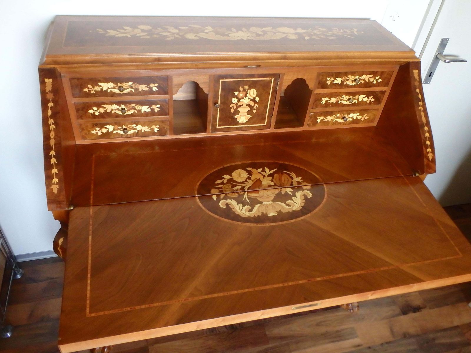 photo buy Ladies' Secretary Desk With Rich Floral And Bird Inlays And Many Drawers