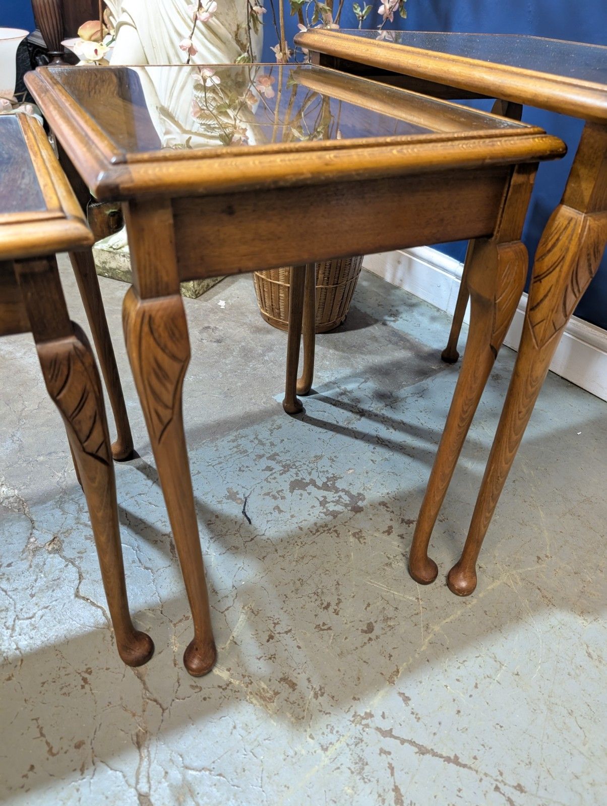 photo buy Vintage Nest Of Tables Queen Anne Legs With Glass Top Walnut Veneer