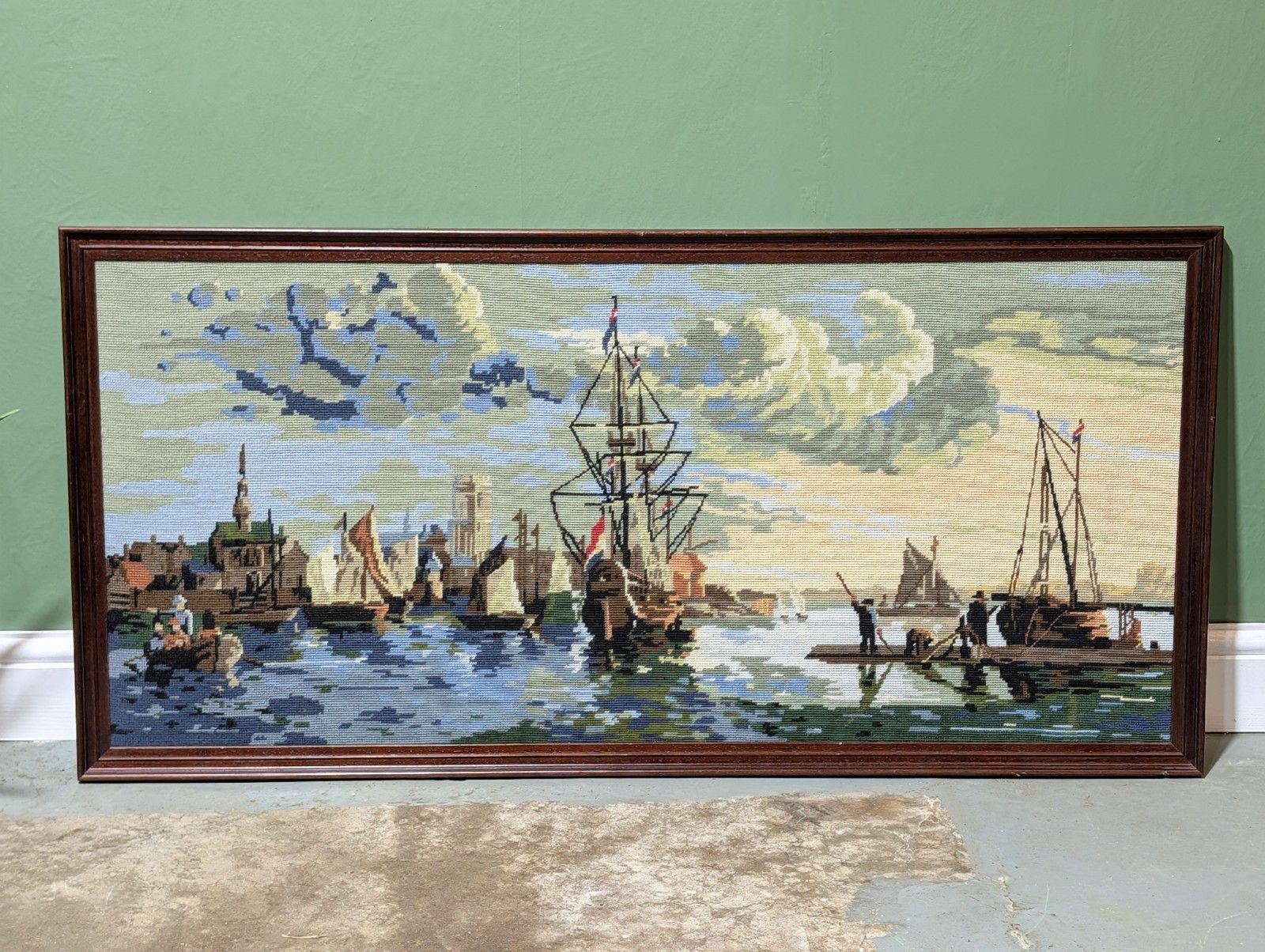 Large French Cross Stitch Tapestry Framed Aelbert Cuyp Boats In The Harbour. photo furniture