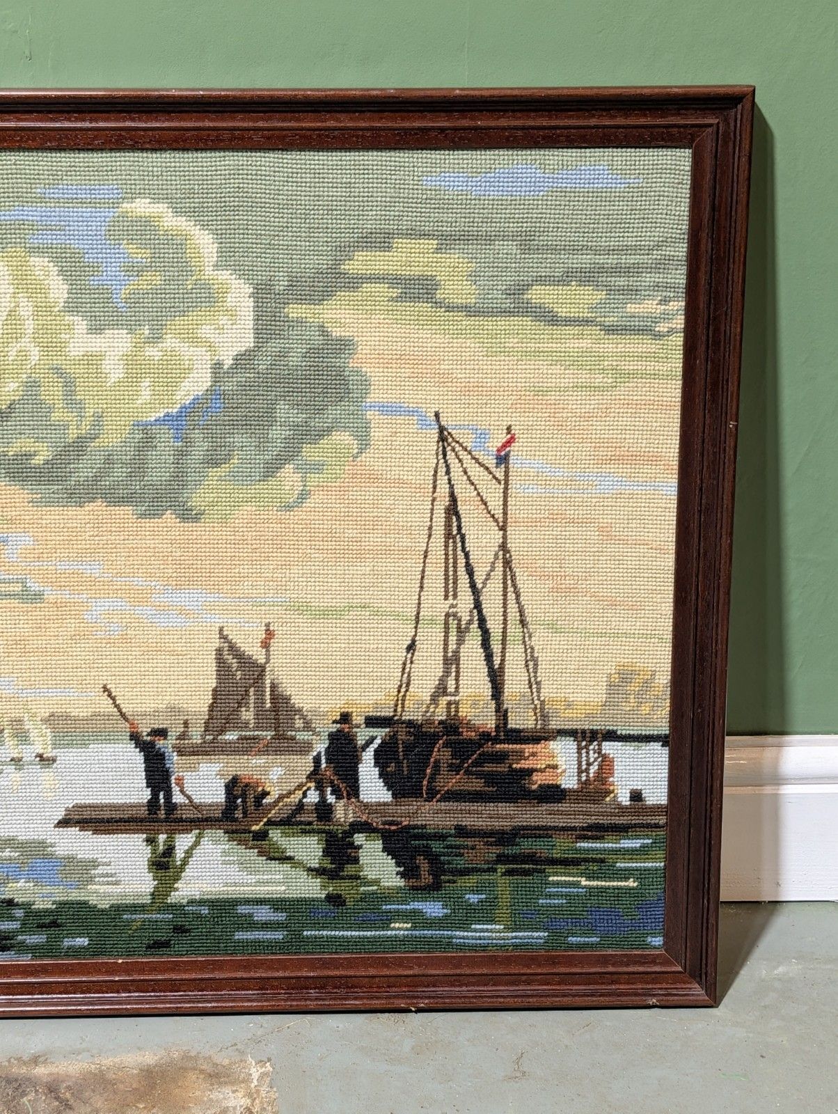 Large French Cross Stitch Tapestry Framed Aelbert Cuyp Boats In The Harbour. photo vinterior