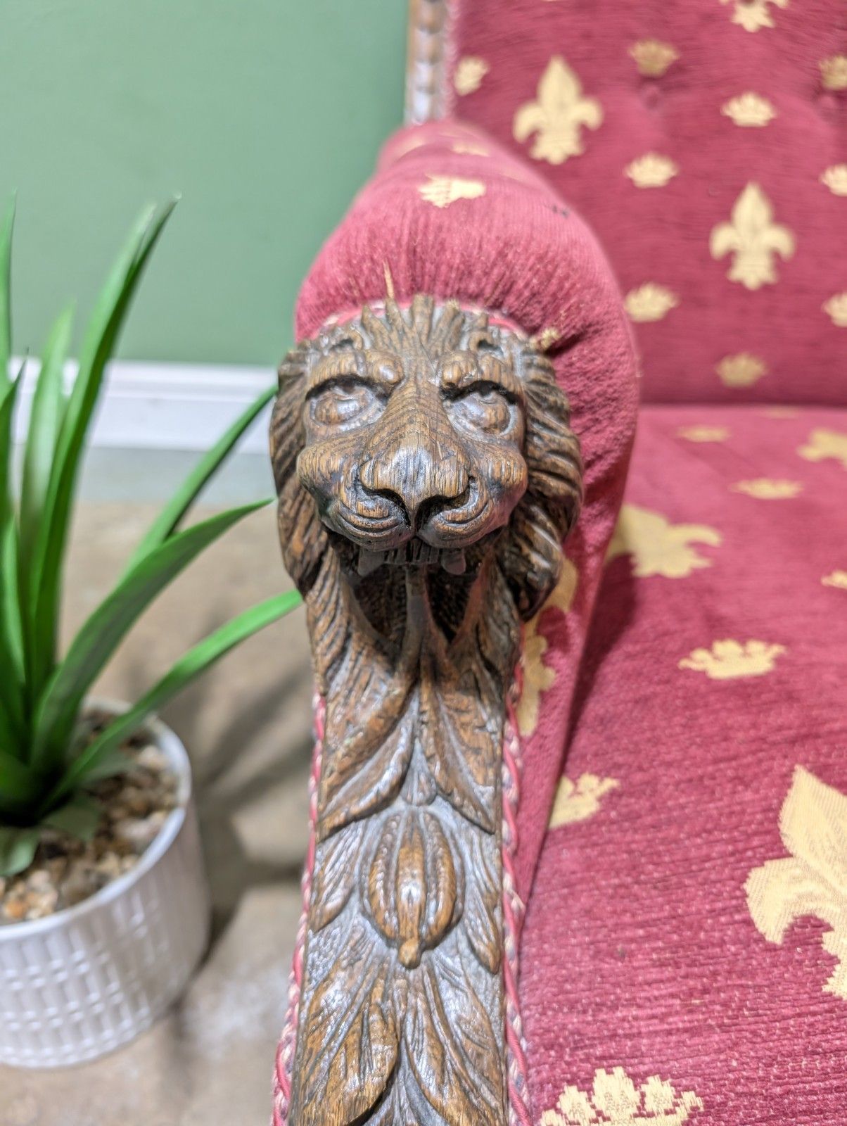 Antique Victorian Oak Carved Armchair With Lions Head Fleur De Lis Fabric photo for sale