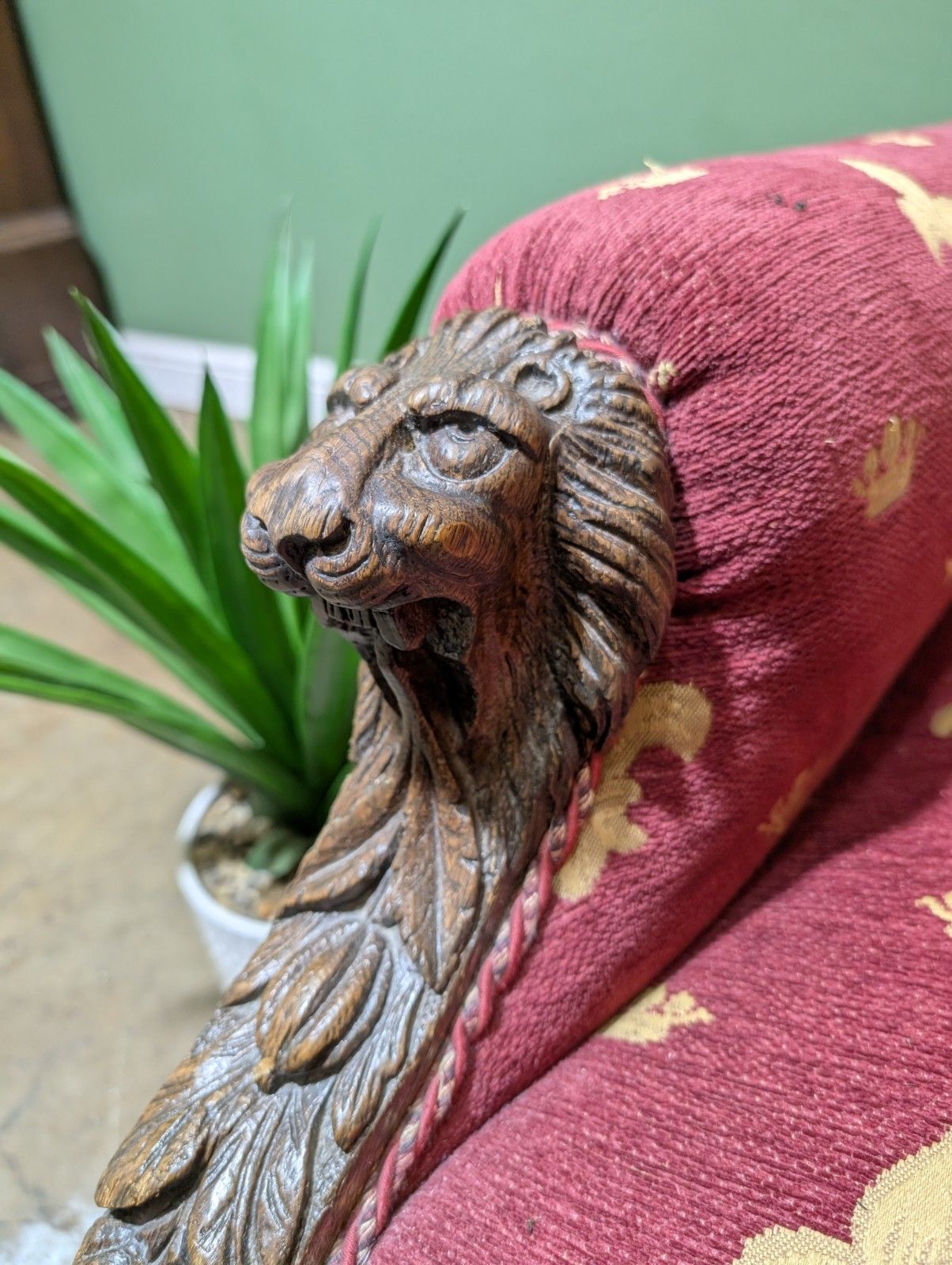 Antique Victorian Oak Carved Armchair With Lions Head Fleur De Lis Fabric photo vinterior