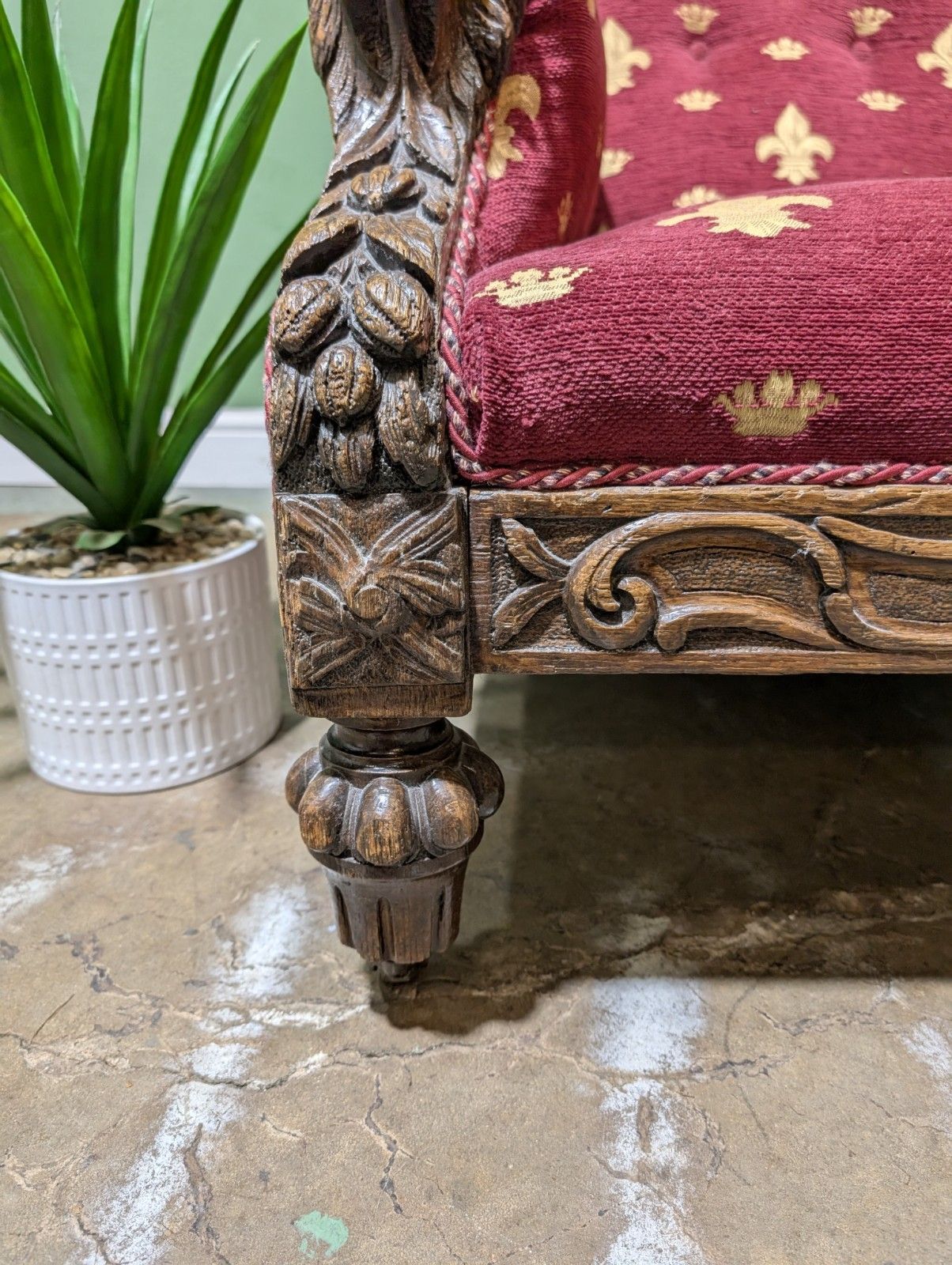 Antique Victorian Oak Carved Armchair With Lions Head Fleur De Lis Fabric photo vintage