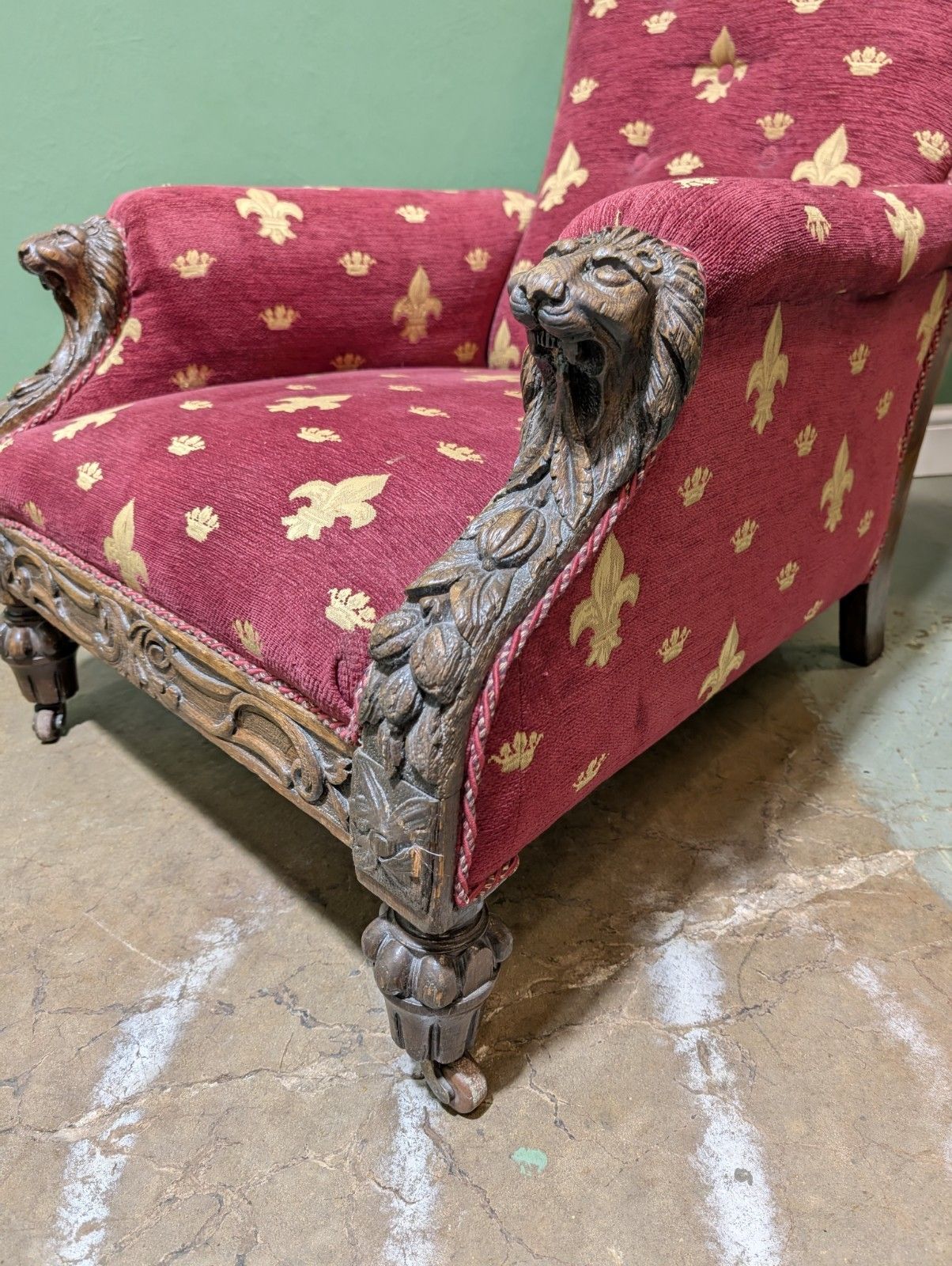 photo for sale Antique Victorian Oak Carved Armchair With Lions Head Fleur De Lis Fabric