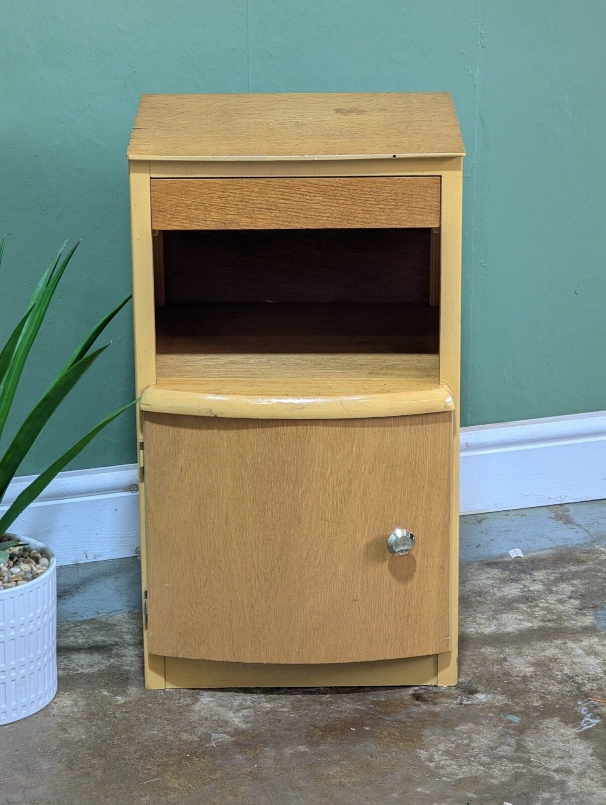 Vintage Oak Veneer Bedside Table Single Cabinet Nightstand Mid Century Drawer photo Furniture