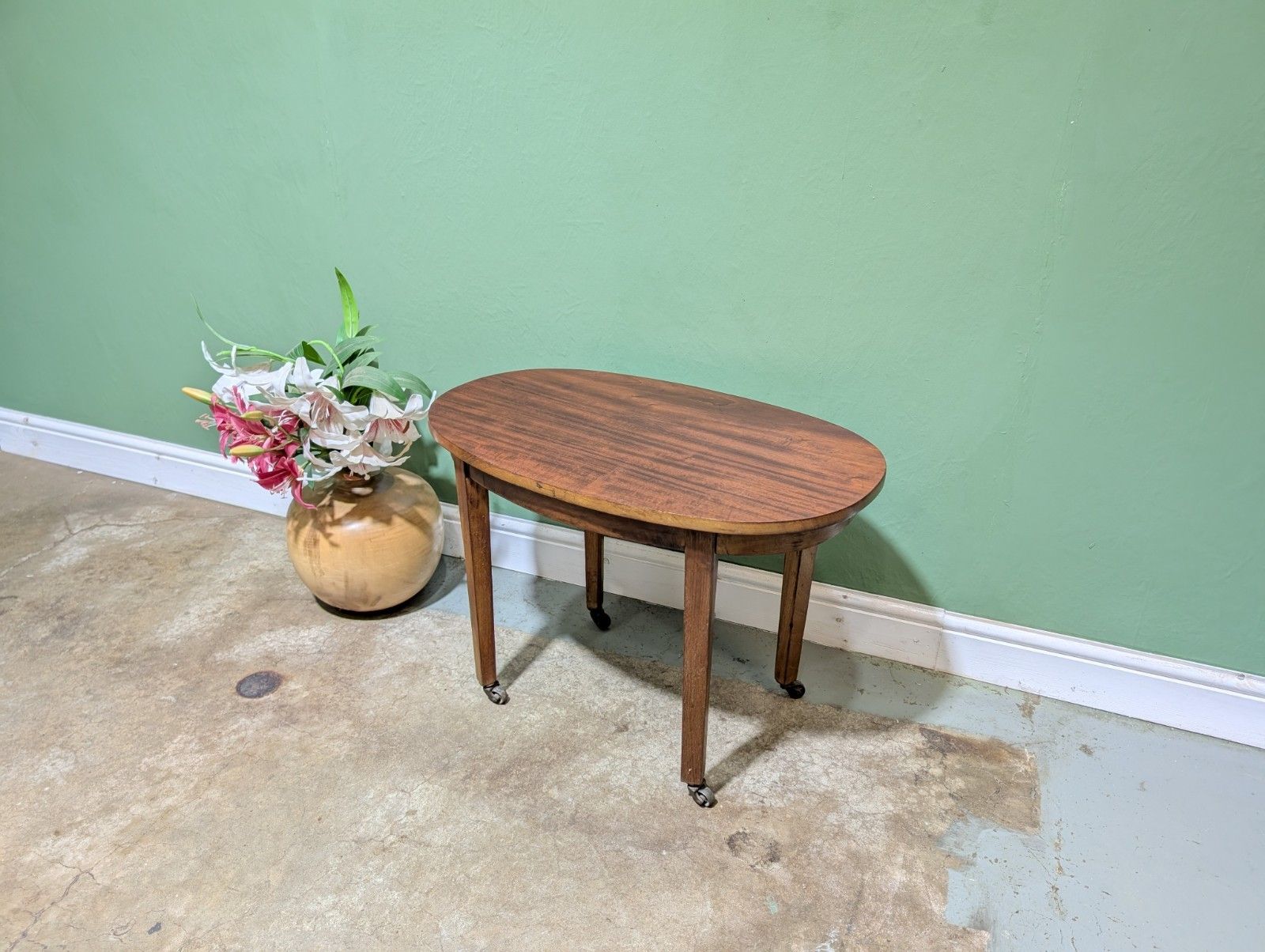 Antique Mahogany Oval Top Side Table On Brass Castors Wine End Plant Stand.