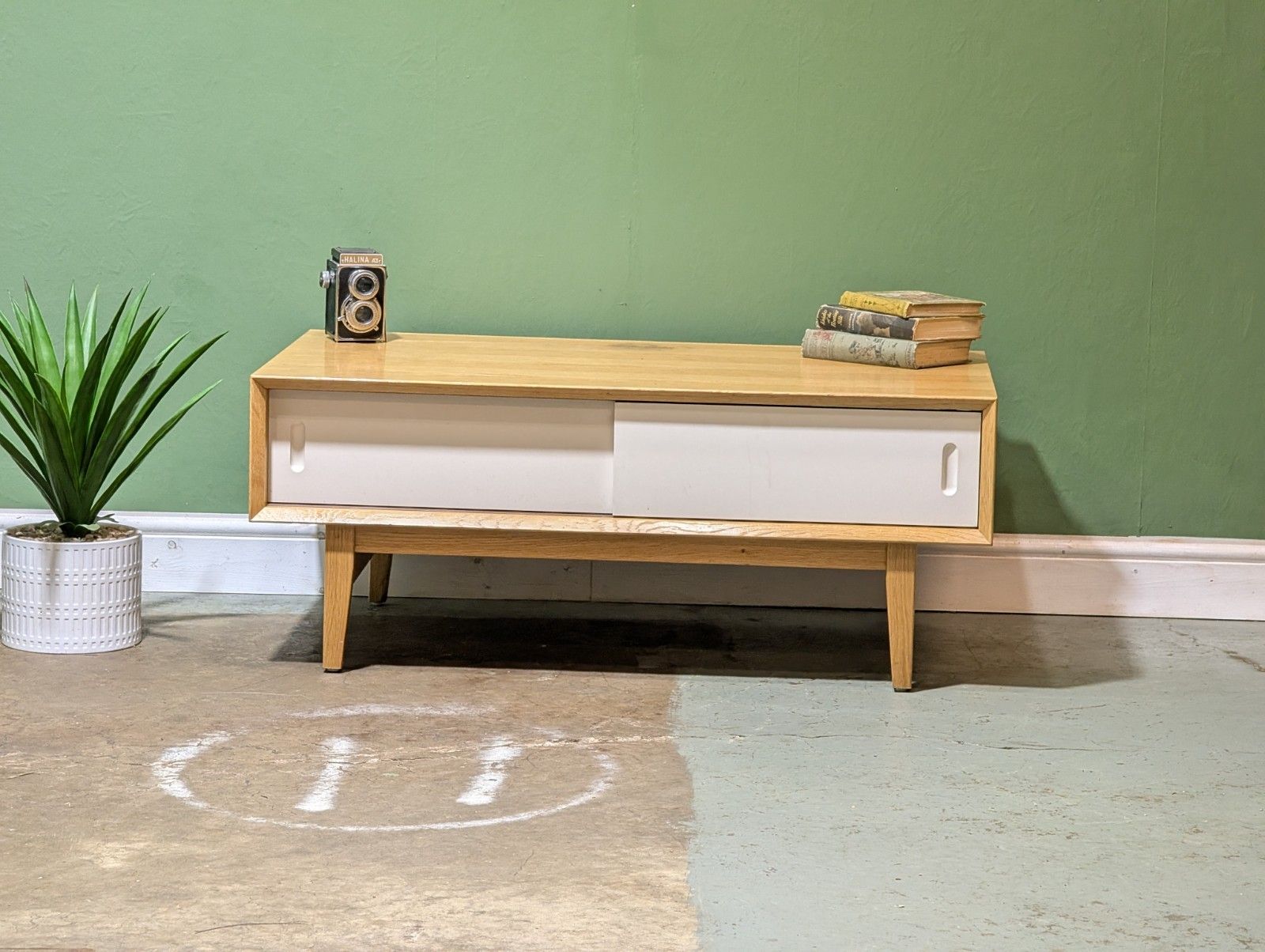 Contemporary Modern Oak Coffee Table Mid Century Danish Style Storage White Door