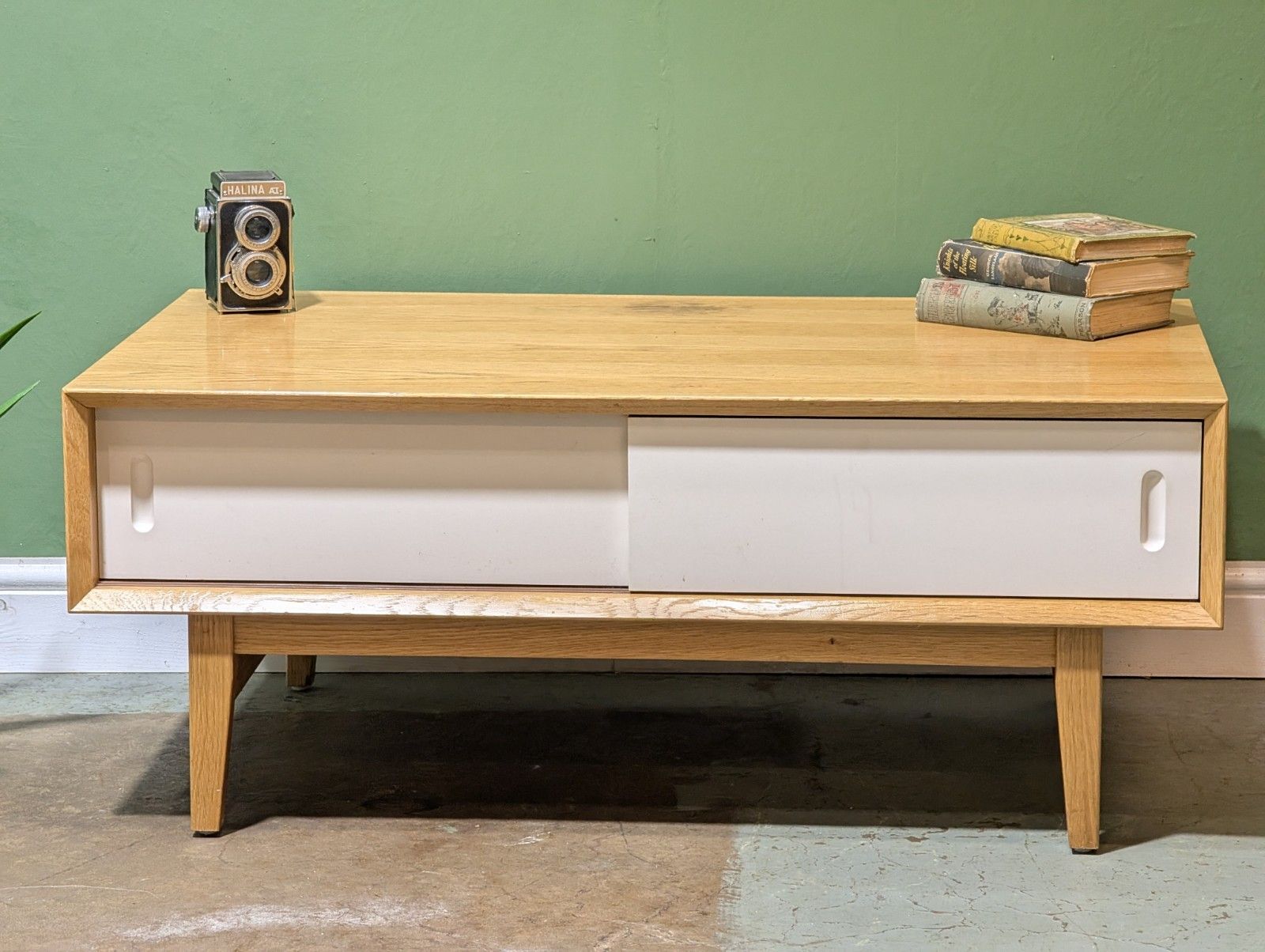 Contemporary Modern Oak Coffee Table Mid Century Danish Style Storage White Door photo furniture