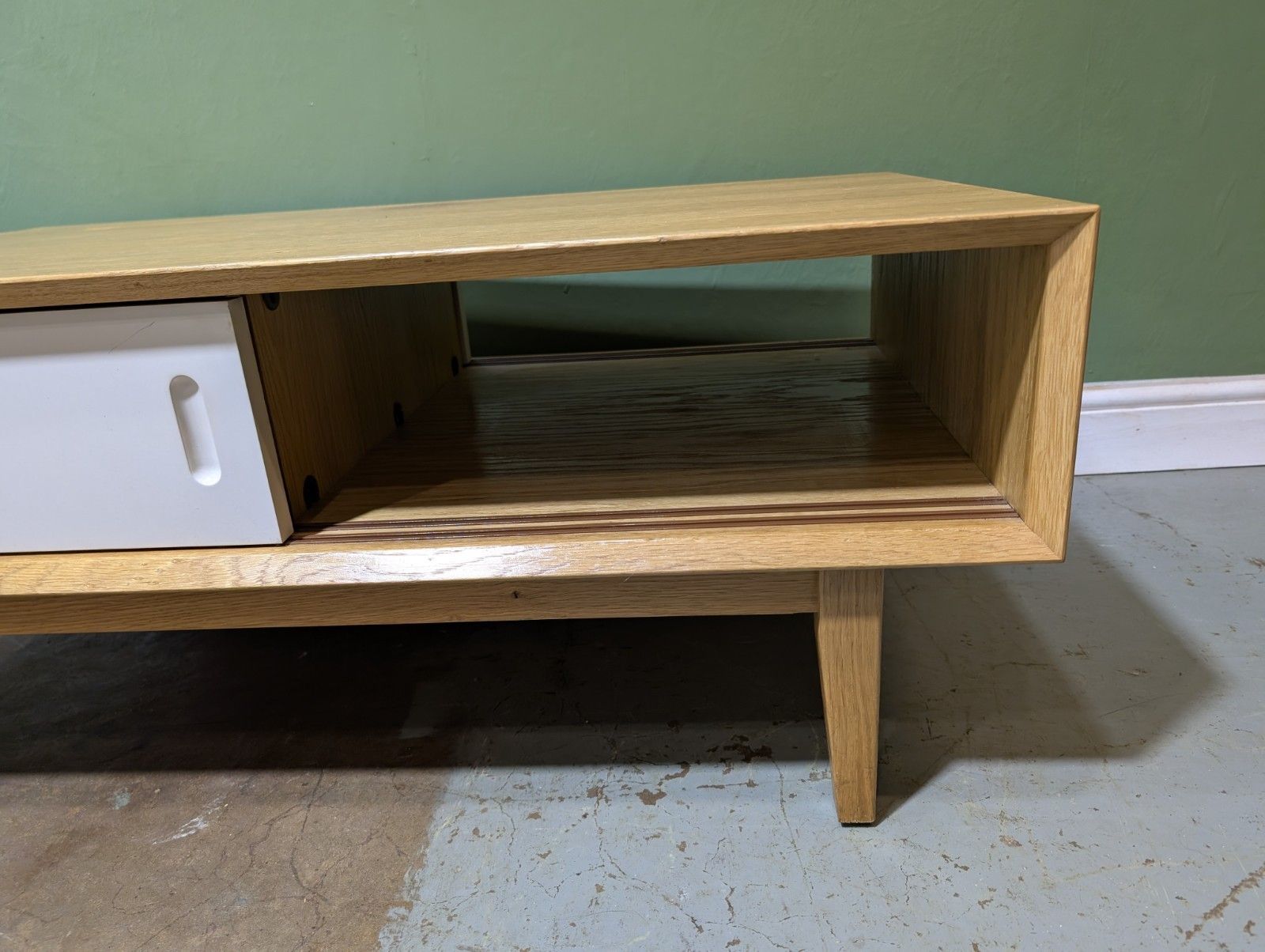 Furniture Contemporary Modern Oak Coffee Table Mid Century Danish Style Storage White Door photo