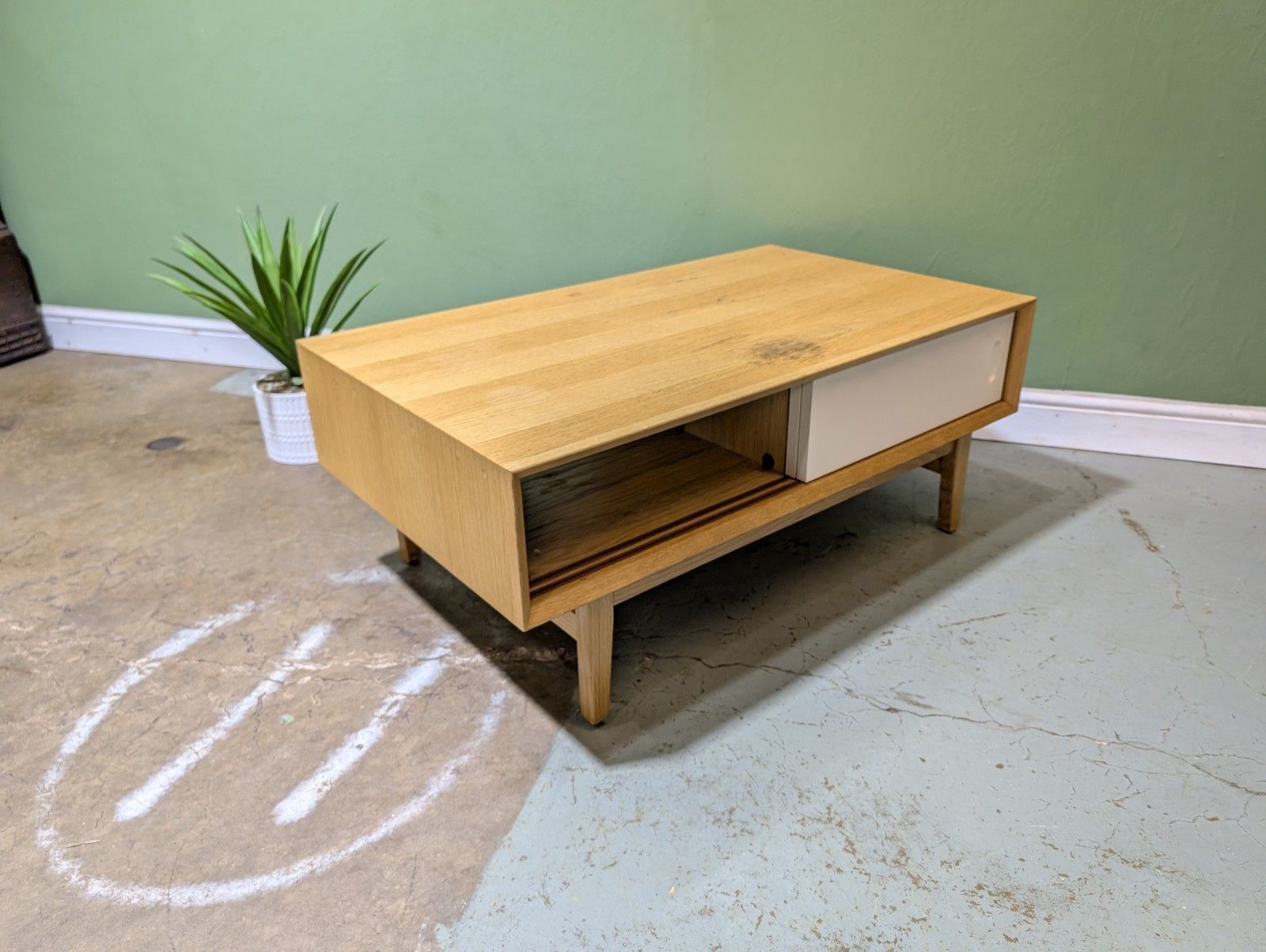 135.0 Contemporary Modern Oak Coffee Table Mid Century Danish Style Storage White Door photo
