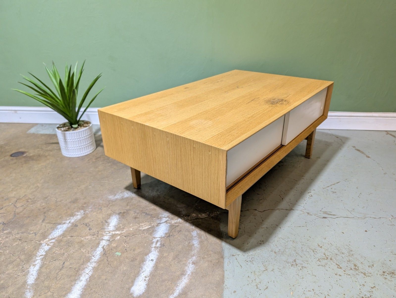 photo buy Contemporary Modern Oak Coffee Table Mid Century Danish Style Storage White Door