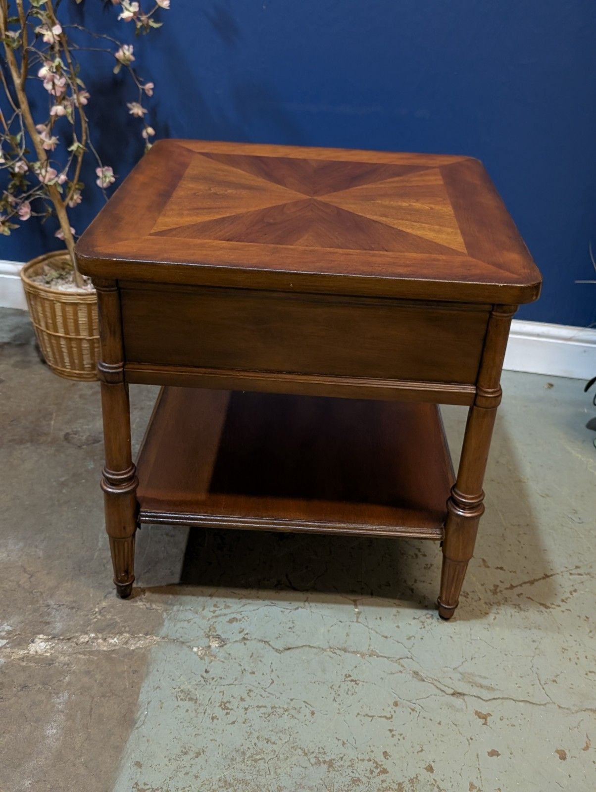 Furniture Vintage Contemporary Mahogany Single Drawer Two Tier Occasional Table Inlaid photo