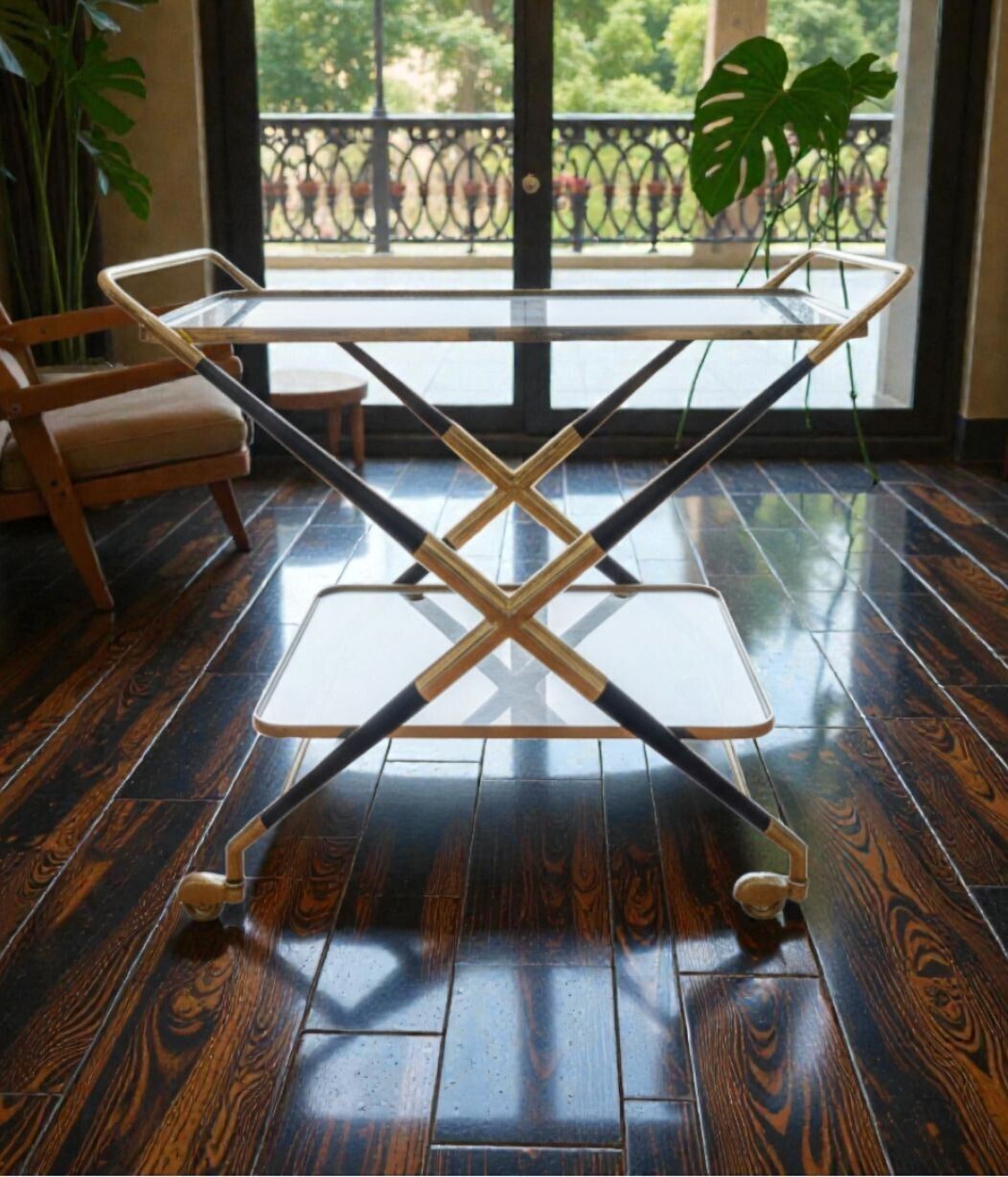 photo for sale An Italian 1950s Black Lacquer And Brass Bar Trolley By Cesare Lacca