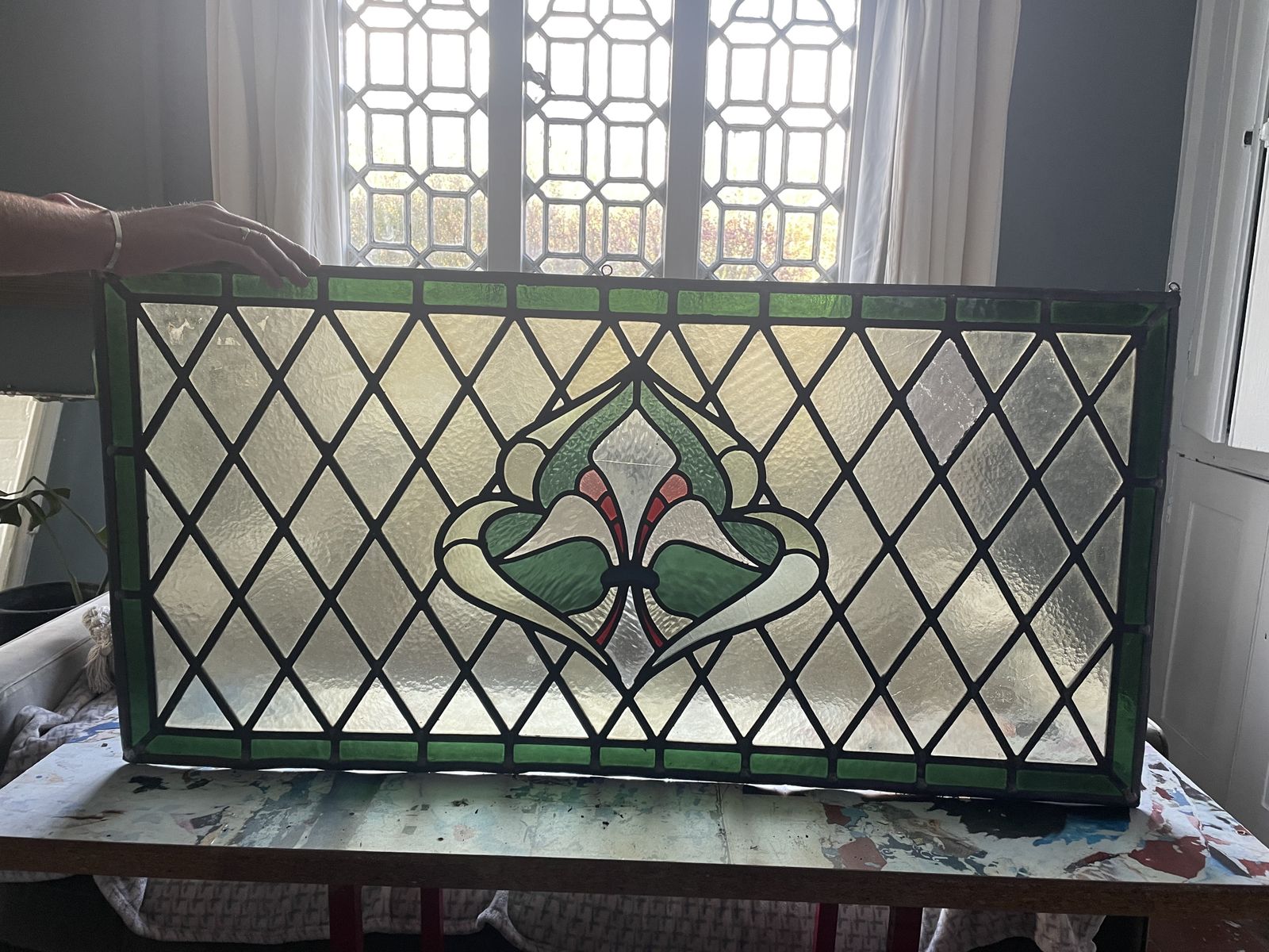 Substantial Victorian Stained Glass Window Panel Strongly Geometric With A Stylised Foliate / Fleur De Lis Central Motif. Emerald Green Glass. photo for sale