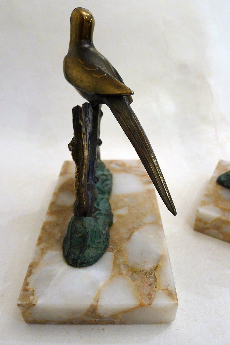 Art Deco Style Parrot Bookends On Marbled Stone Bases, 1950s, Set Of 2 photo Home Decor