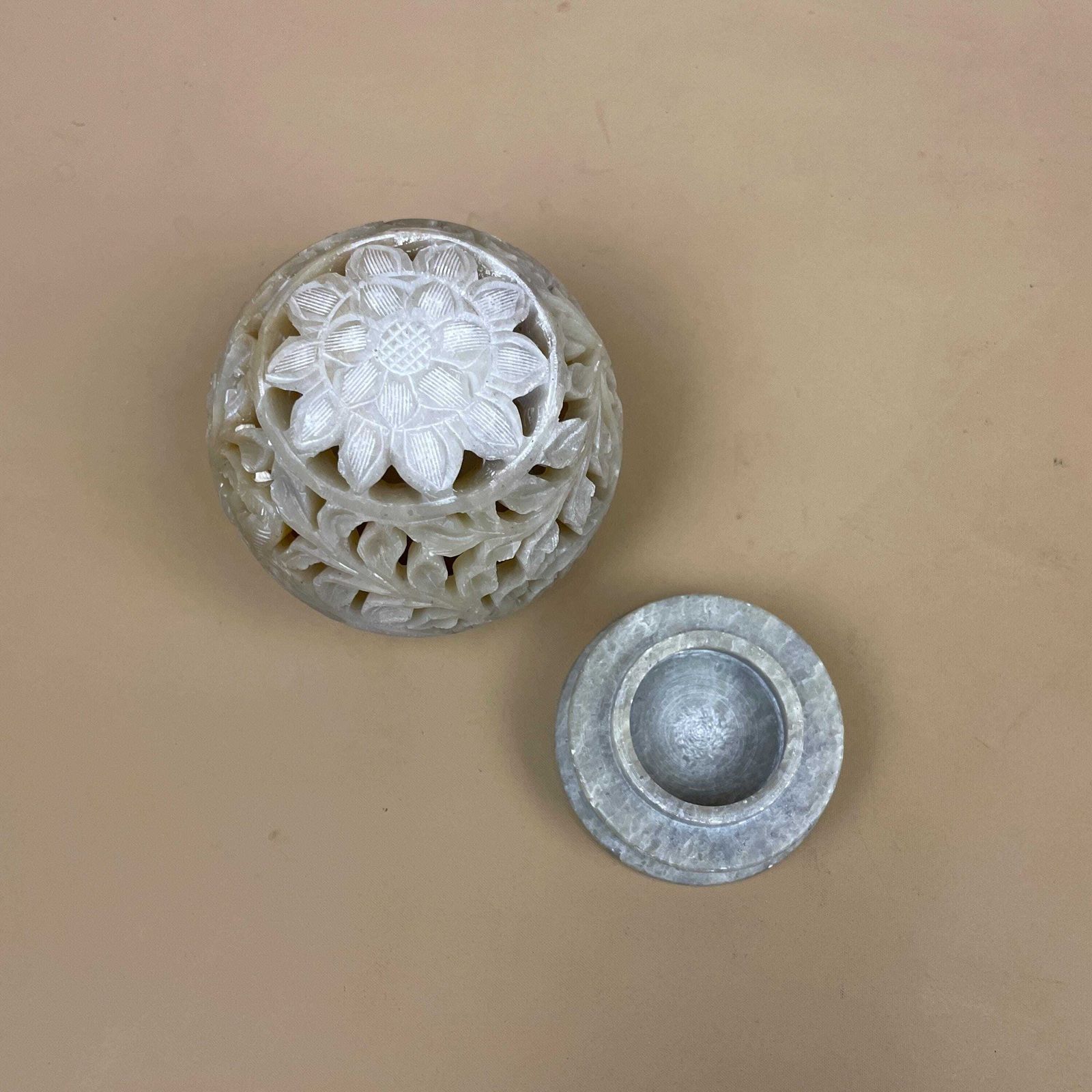 Antique Indian Candle Holder Ornate Vintage Lantern Tea Light India Candlestick Pattern Traditional Handmade Carved Cut Out Soap Stone Ball photo vintage