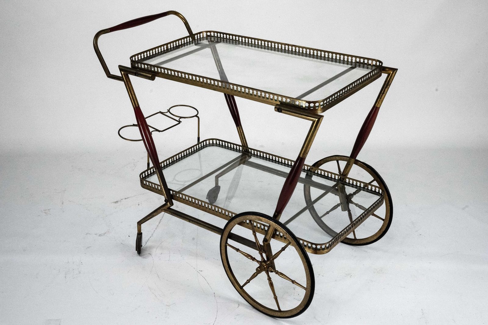 photo for sale Mid Century Italian Brass And Glass Bar Cart By Cesare Lacca. Italy 1950s