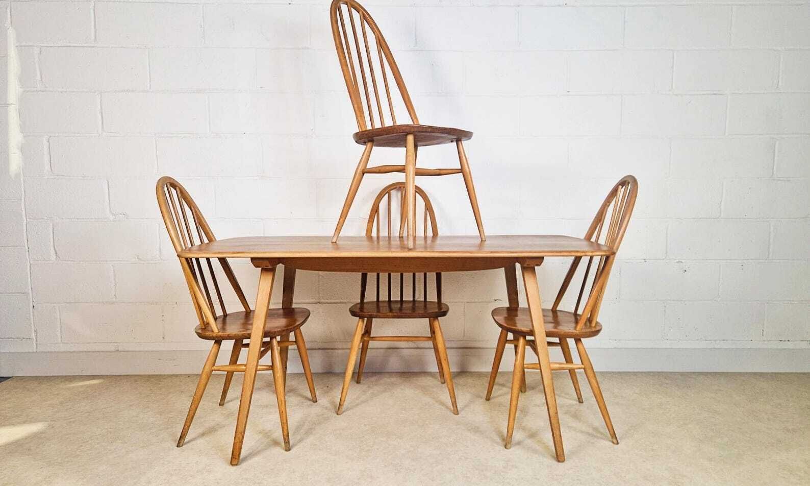 Ercol Windsor Vintage Mid Century Solid Elm Plank Table & Dining Chair Set Pg060 photo for sale