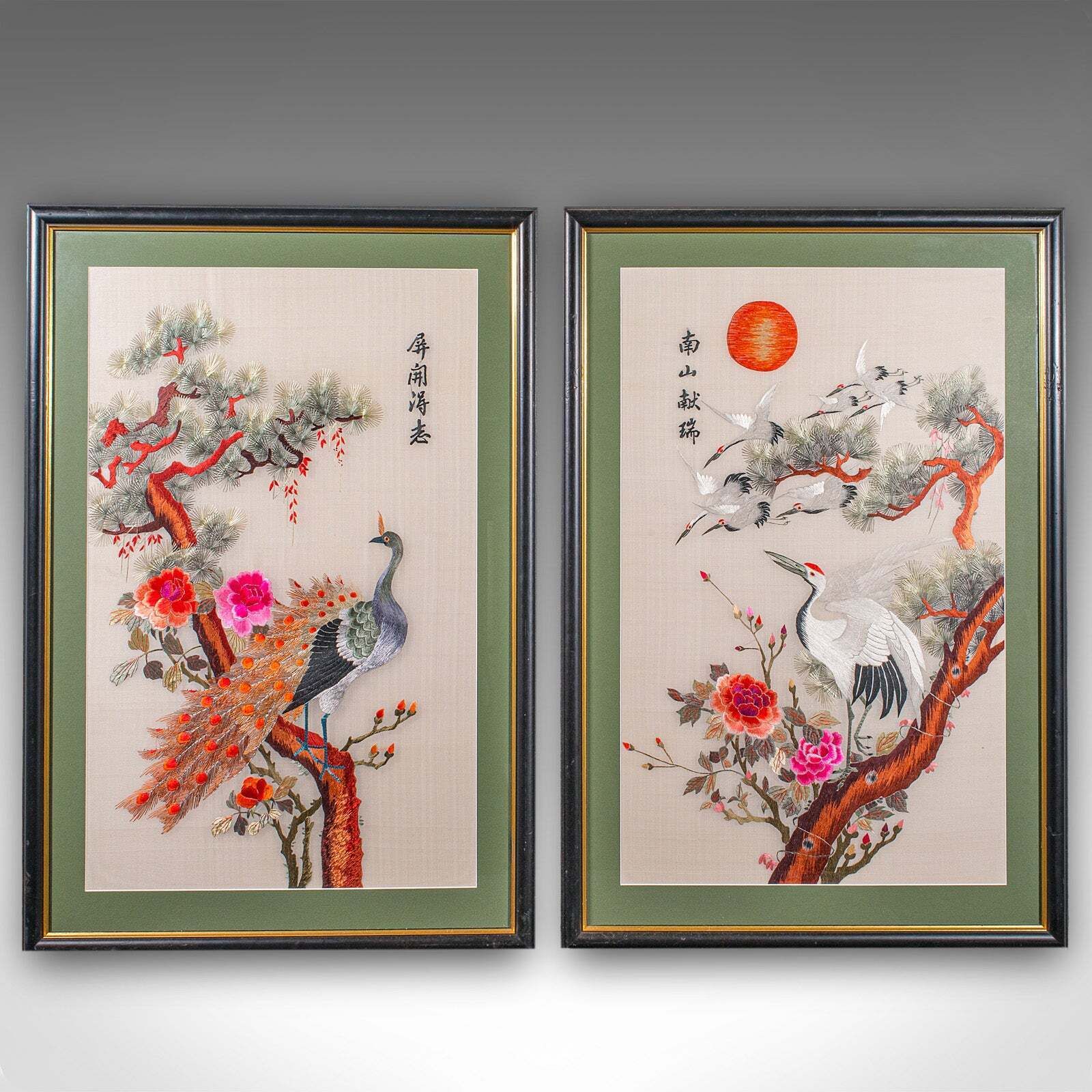 Tall Pair Of Vintage Bird Embroideries, Oriental, Framed, Wildlife Art, C.1980 photo furniture