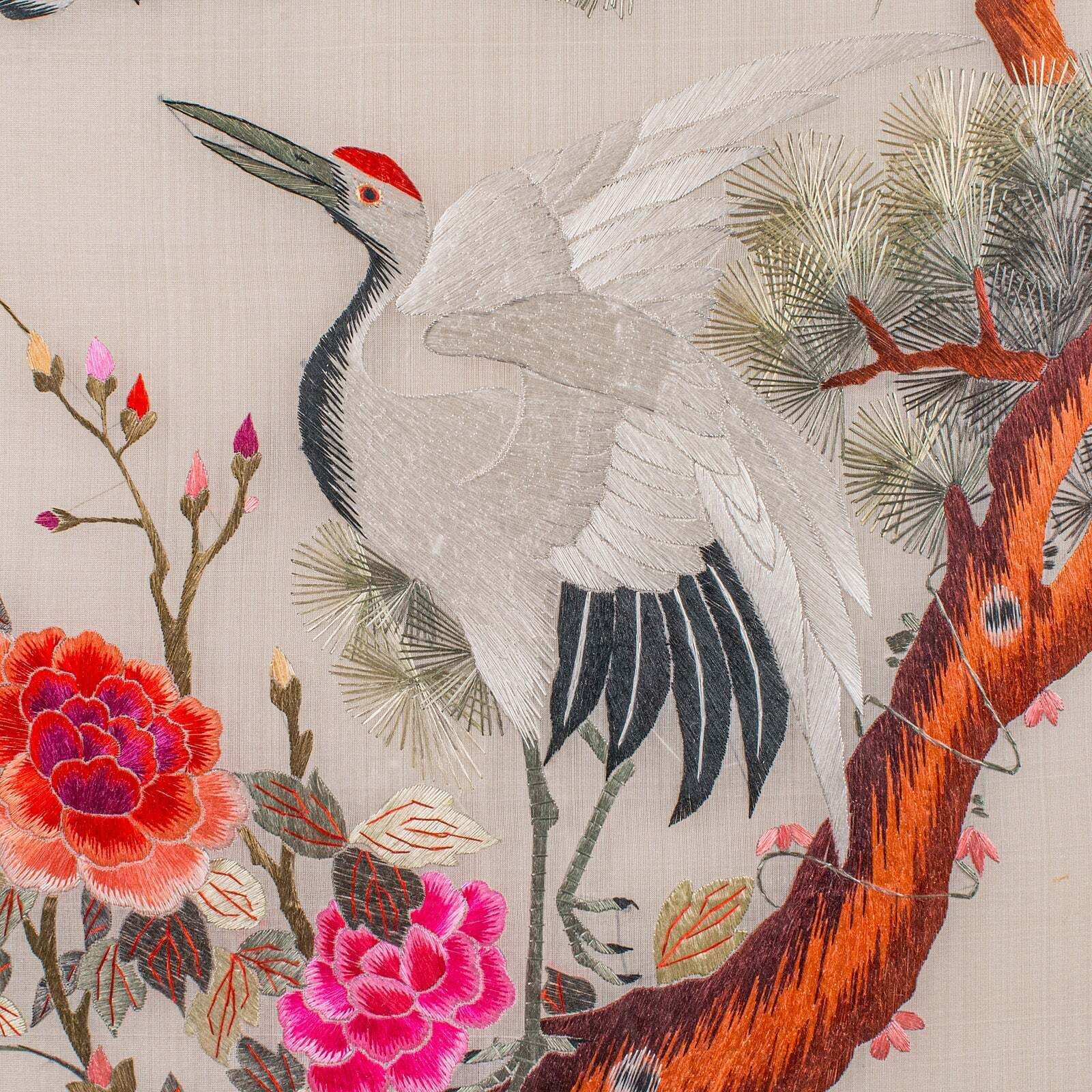 Tall Pair Of Vintage Bird Embroideries, Oriental, Framed, Wildlife Art, C.1980 photo 1322.0