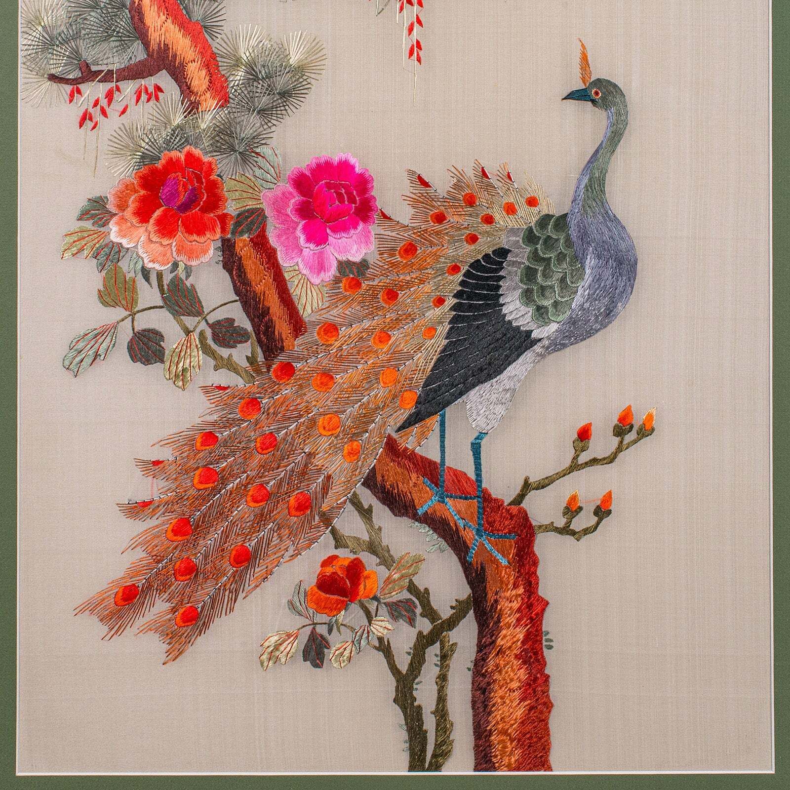 photo furniture Tall Pair Of Vintage Bird Embroideries, Oriental, Framed, Wildlife Art, C.1980