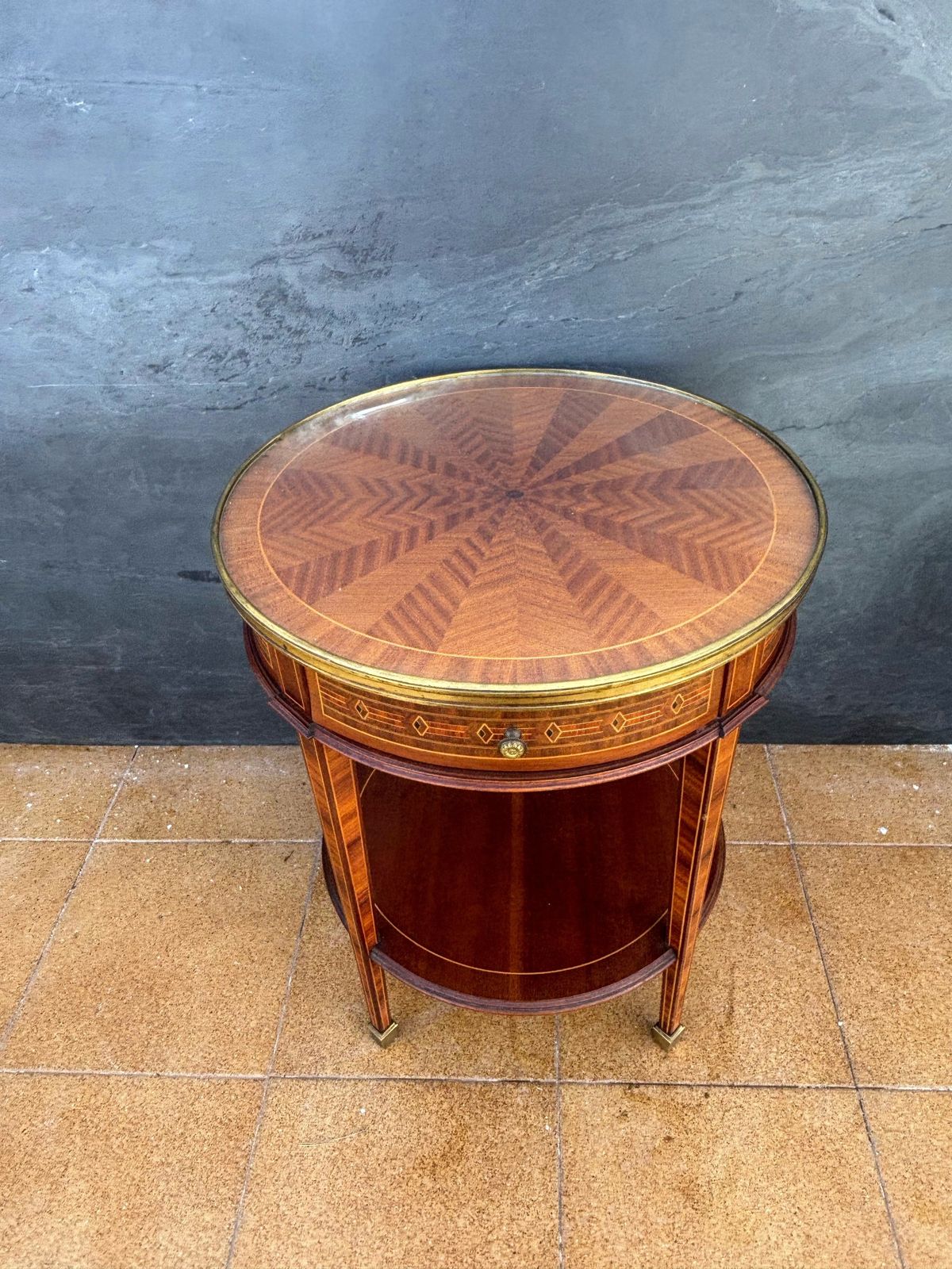 French Louis XVI Style Round Side Table With Marquetry And Drawer, 1930s photo for sale