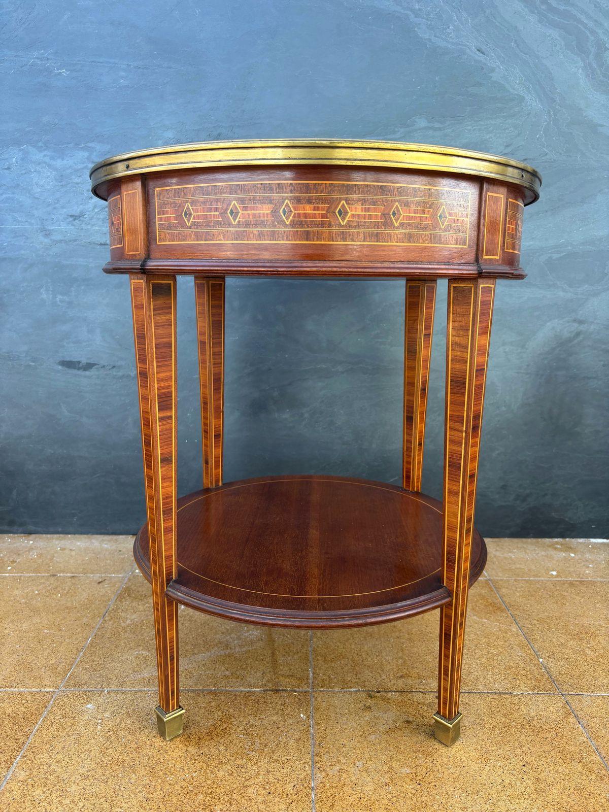French Louis XVI Style Round Side Table With Marquetry And Drawer, 1930s photo Furniture