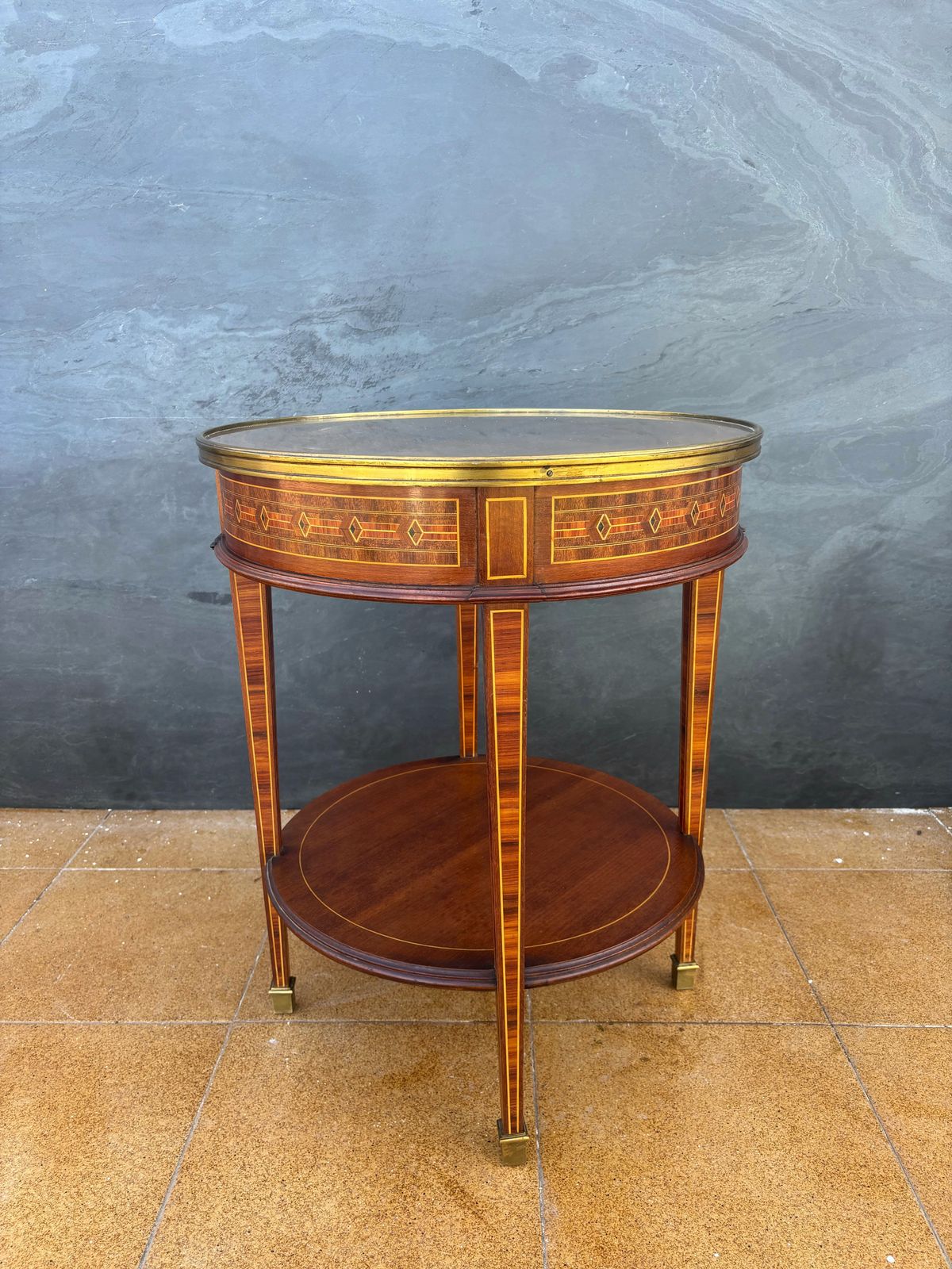 French Louis XVI Style Round Side Table With Marquetry And Drawer, 1930s photo 1900.0