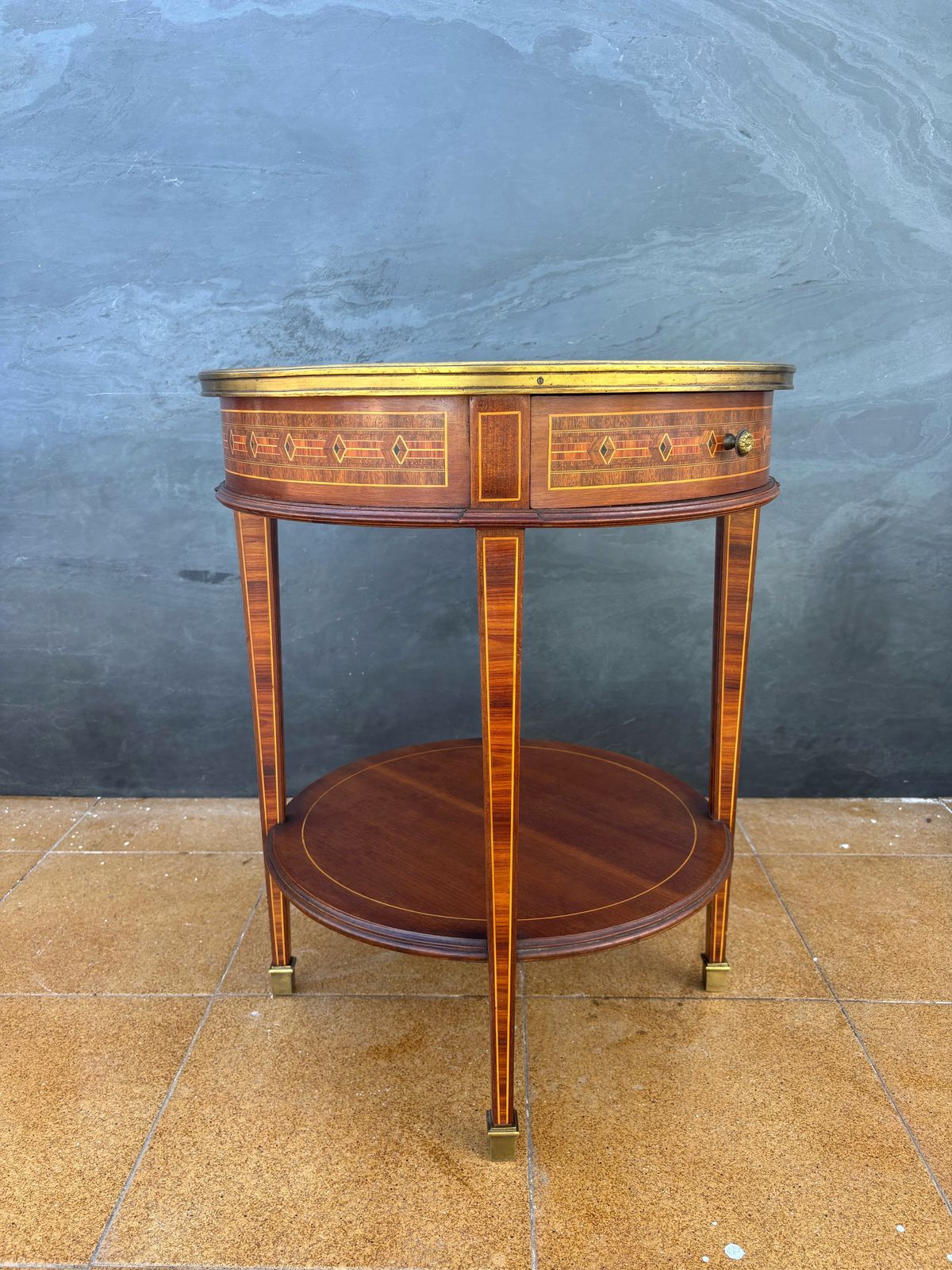 French Louis XVI Style Round Side Table With Marquetry And Drawer, 1930s photo vinterior