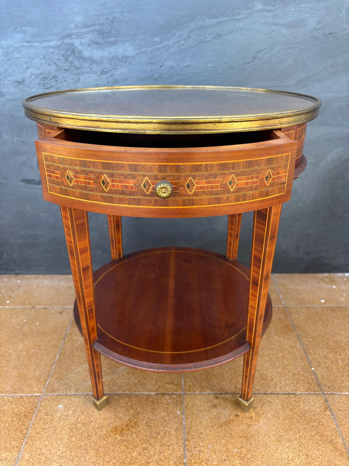 photo furniture French Louis XVI Style Round Side Table With Marquetry And Drawer, 1930s