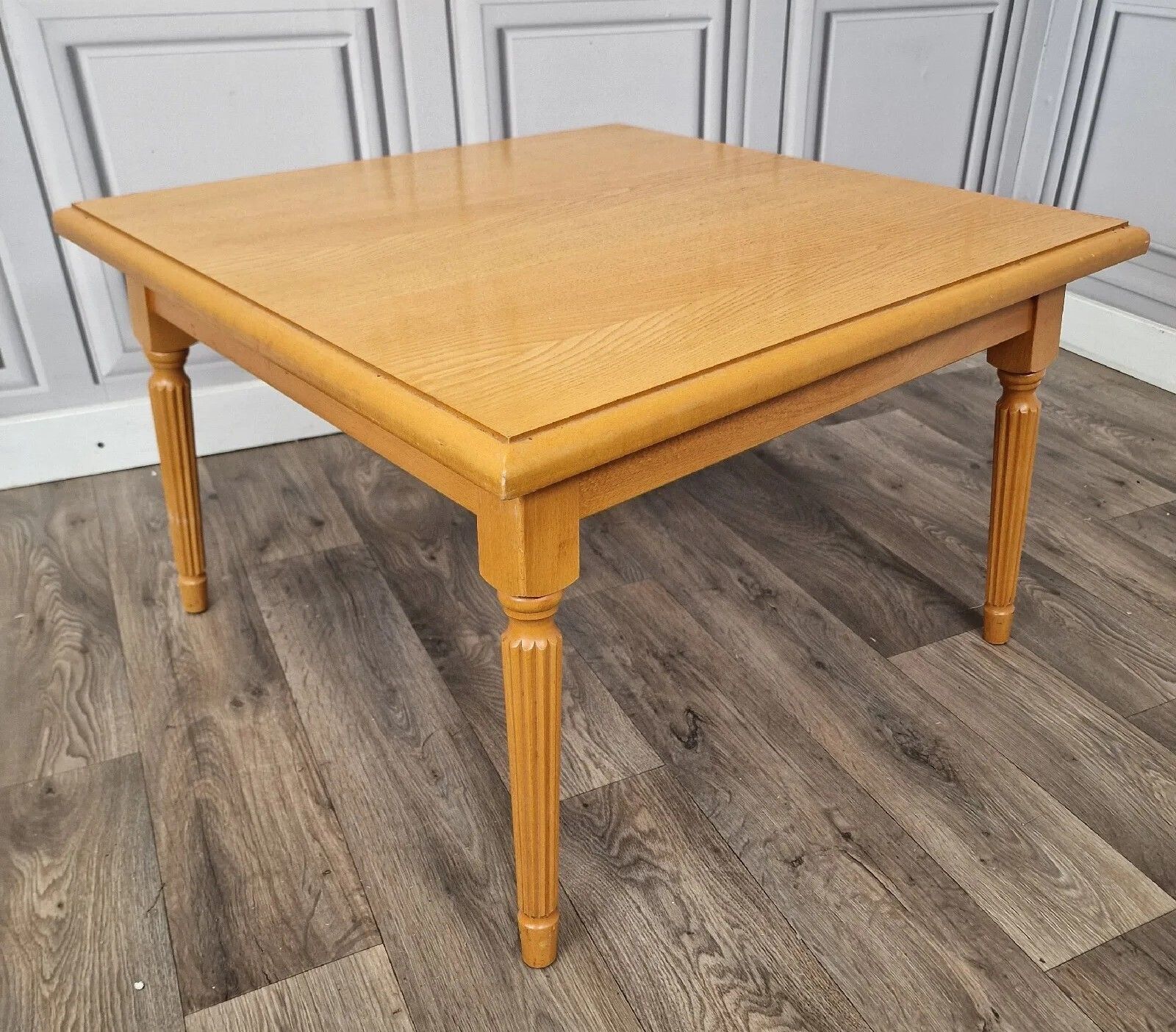 Vintage Coffee Lamp Table Oak Square Wood Turned Fluted Splayed Legs Gustavian photo for sale