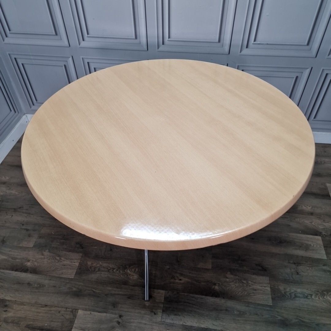 Retro Chrome Dining Table Modernist Round Frovi Wood Top Mid Century Modern photo for sale