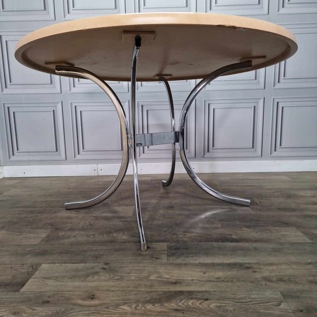 Retro Chrome Dining Table Modernist Round Frovi Wood Top Mid Century Modern photo 260.0