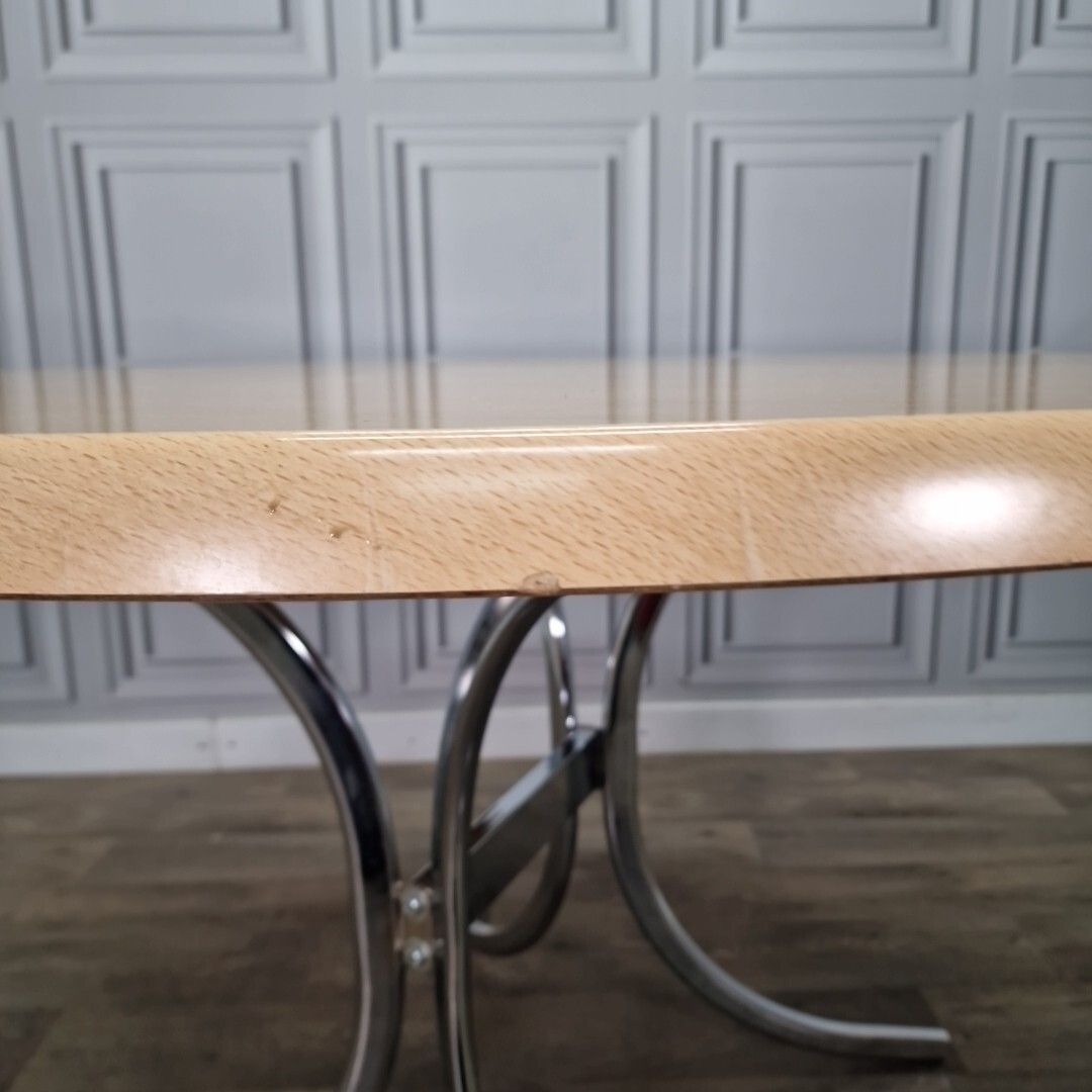 photo vintage Retro Chrome Dining Table Modernist Round Frovi Wood Top Mid Century Modern