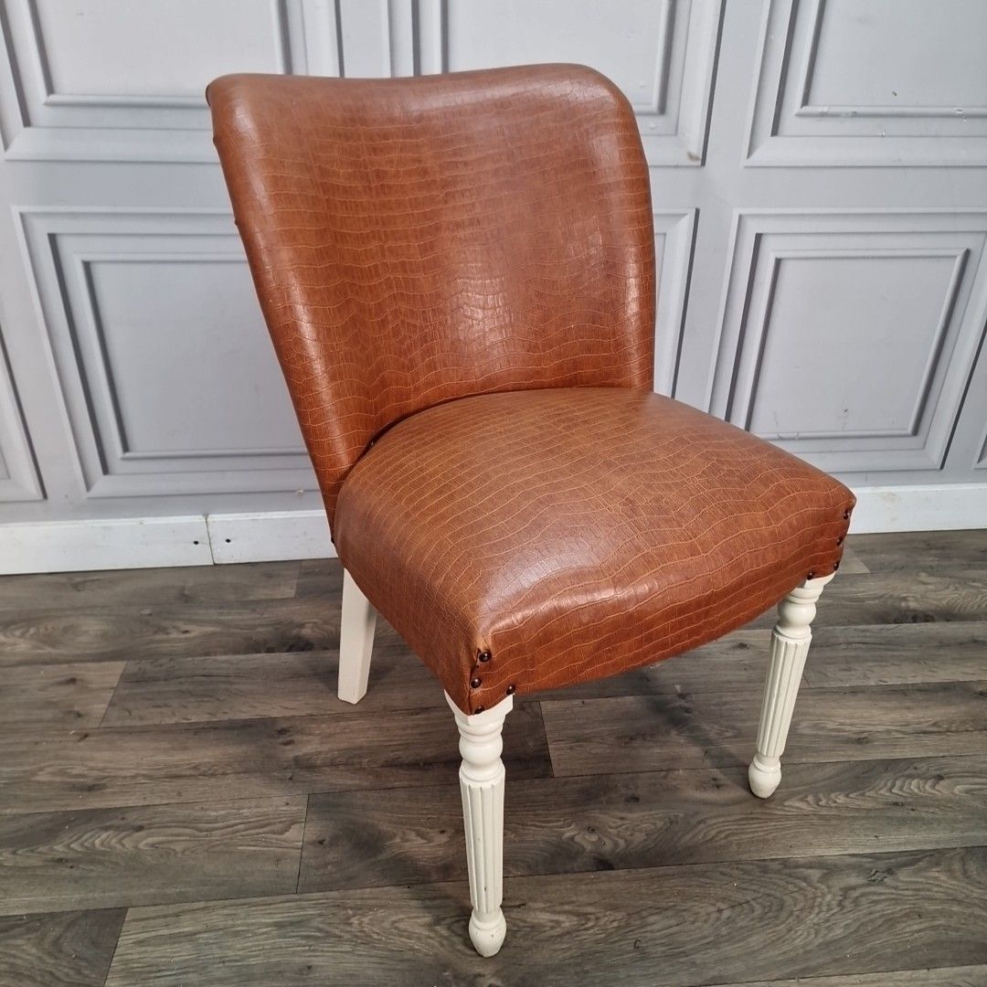 Retro Vintage Side Chair Faux Leather Upholstered – Croc Effect Vinyl Tan Seat photo furniture