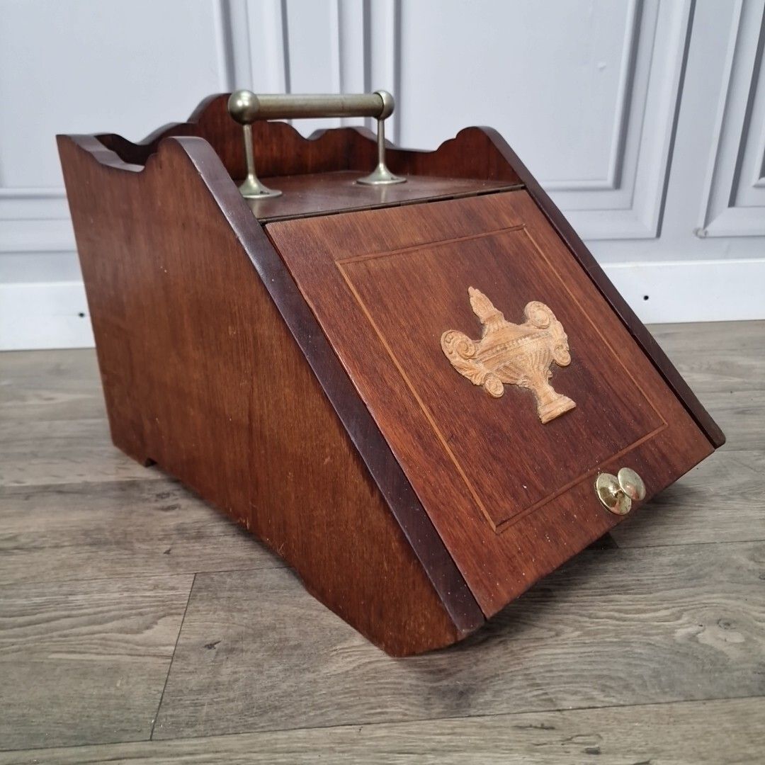 Antique Edwardian Coal Scuttle Cabinet Wooden Fireside Storage Box Wood photo furniture