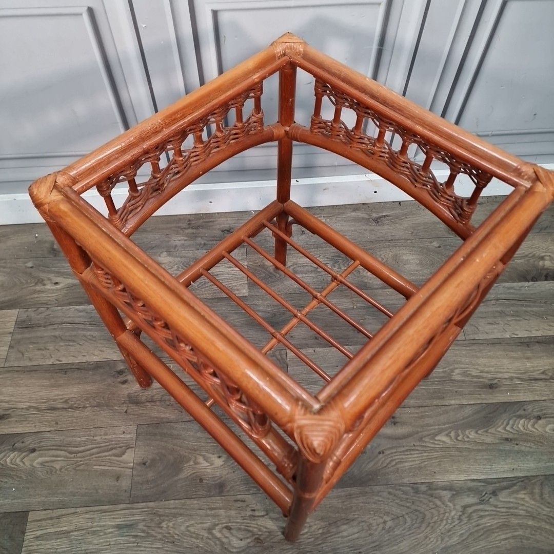 Vintage Bamboo Side Table Smoked Glass Top Coffee – Retro Boho Lamp Plant photo 70.0