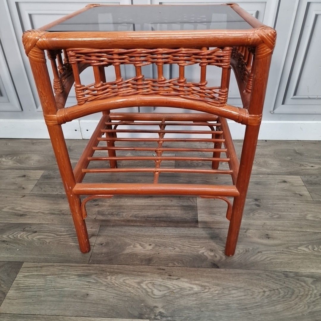 70.0 Vintage Bamboo Side Table Smoked Glass Top Coffee – Retro Boho Lamp Plant photo