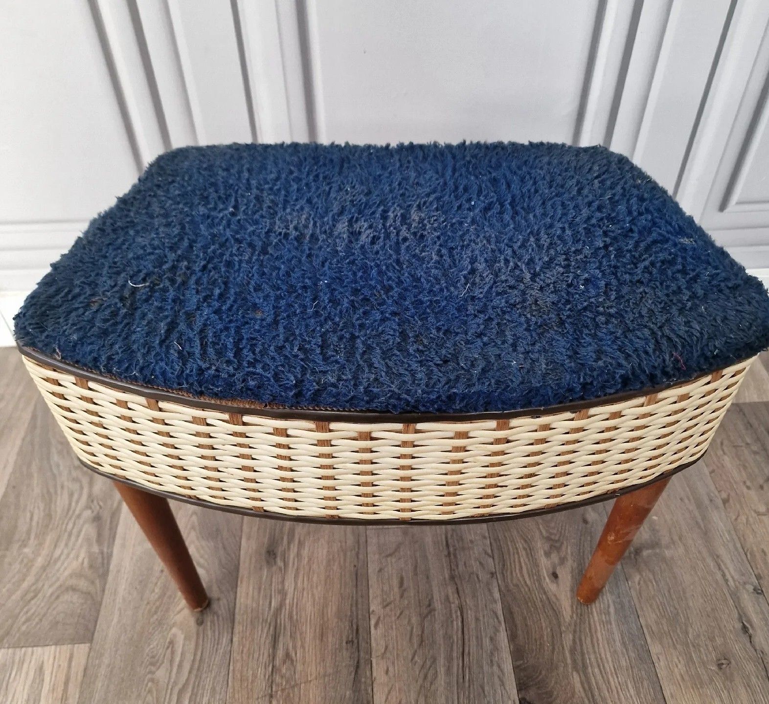photo for sale Vintage Sewing Storage Box Foot Stool Ottoman Mid Century Retro Weaved
