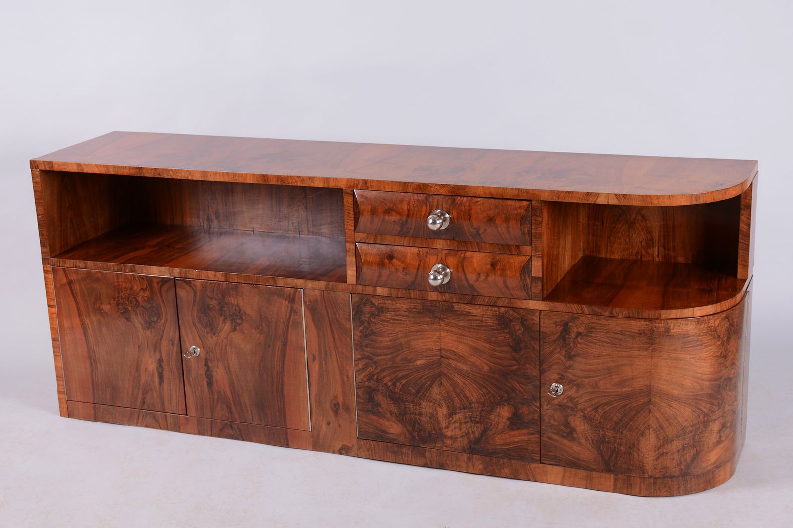 Restored Art Deco Buffet, Walnut, Chrome, Steel, Revived Polish, Czech, 1920s